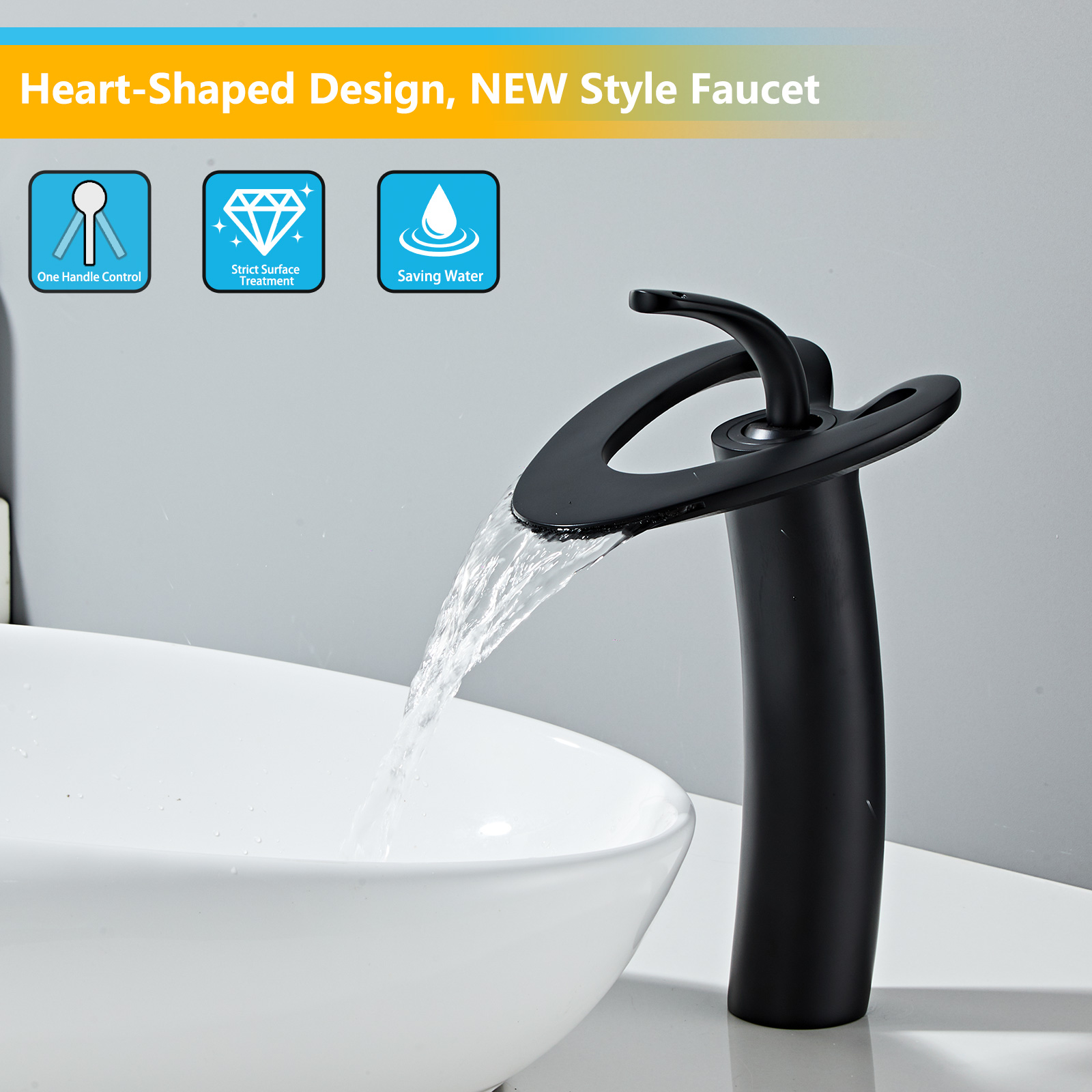 Wovier Waterfall Vessel Faucet with Supply Hose,Single Handle Single Hole Bathroom Faucet W8253-21