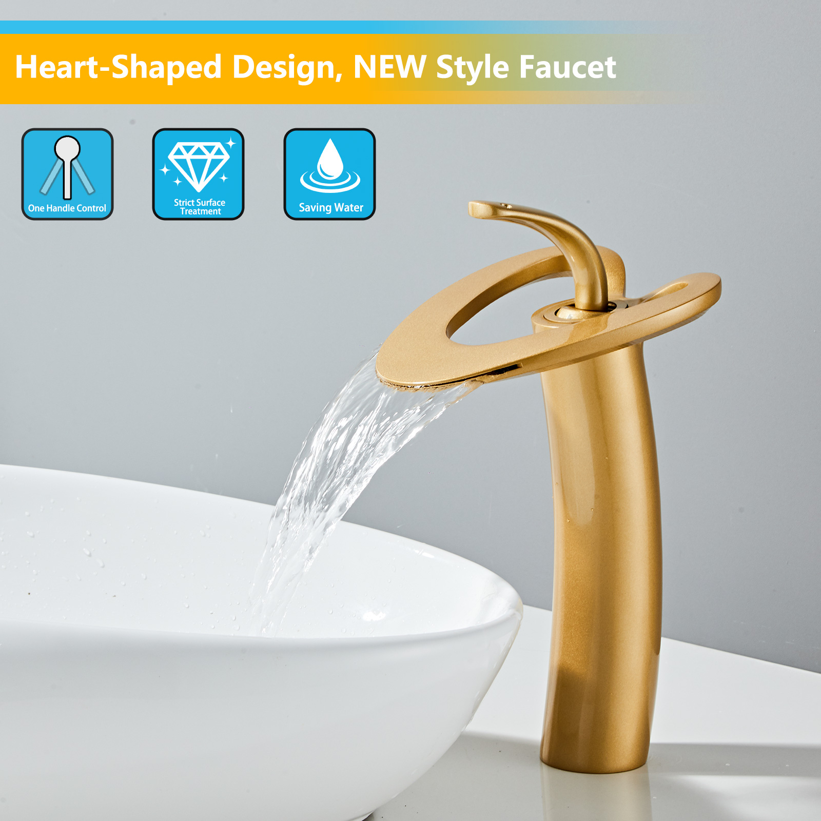Wovier Waterfall Vessel Faucet with Supply Hose,Single Handle Single Hole Bathroom Faucet W8253-28