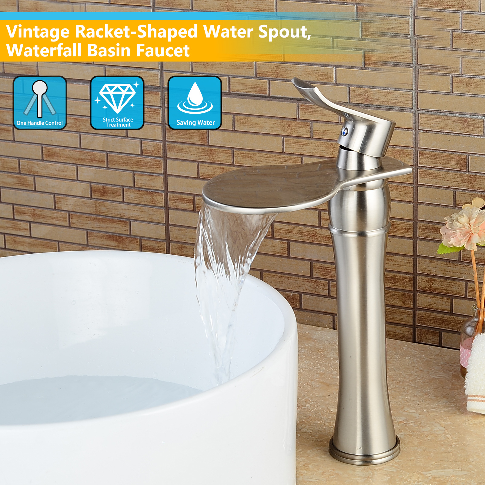 Wovier Waterfall Vessel Faucet with Supply Hose,Single Handle Single Hole Bathroom Faucet W8365-1