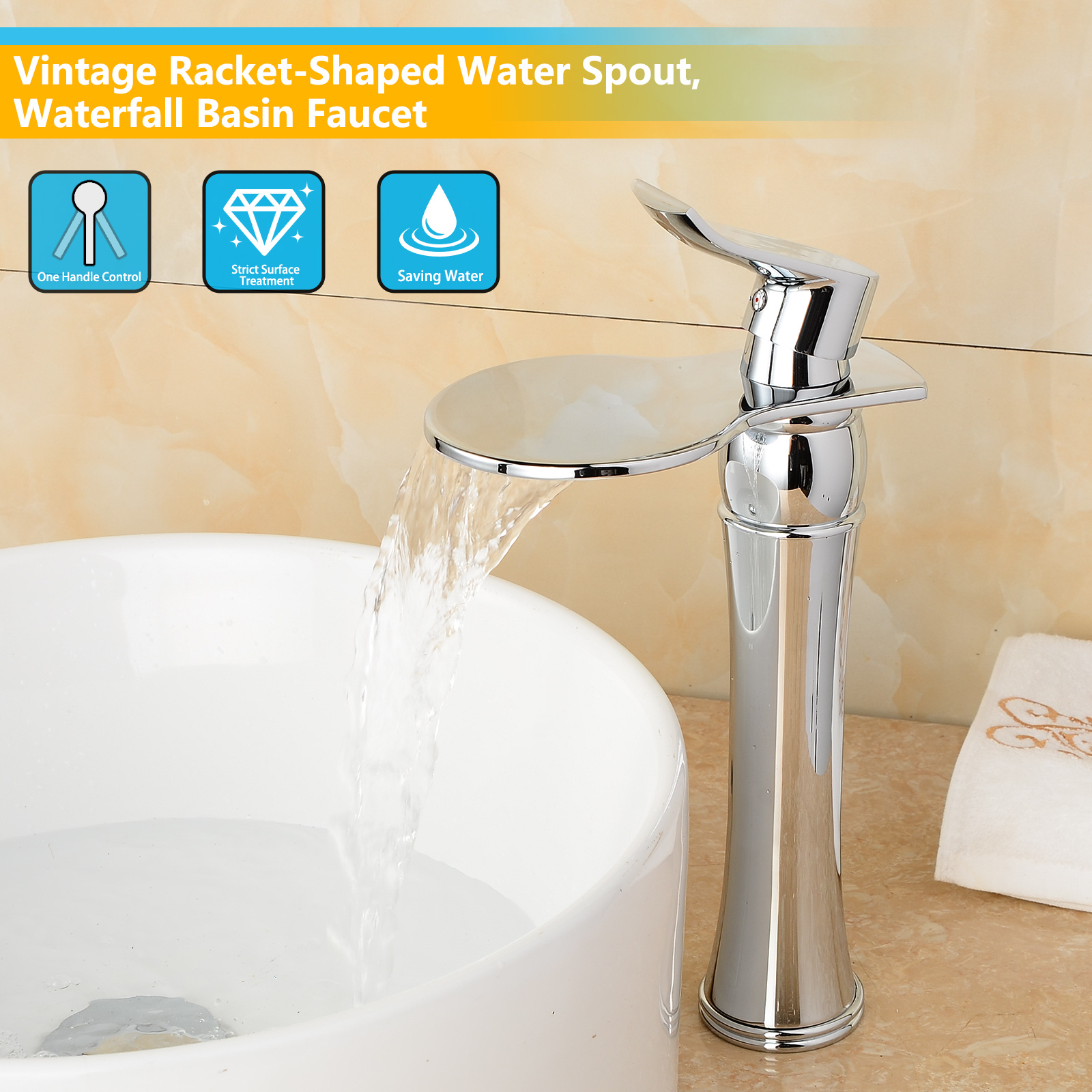 Wovier Waterfall Vessel Faucet with Supply Hose,Single Handle Single Hole Bathroom Faucet W8365-7