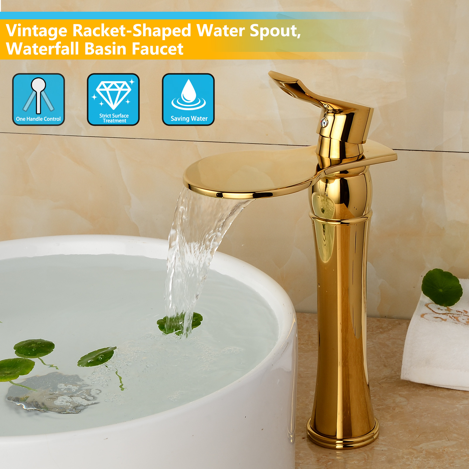 Wovier Waterfall Vessel Faucet with Supply Hose,Single Handle Single Hole Bathroom Faucet W8365-6