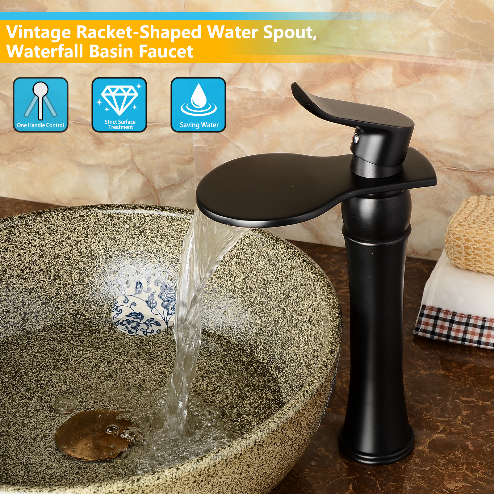 Wovier Waterfall Vessel Faucet with Supply Hose,Single Handle Single Hole Bathroom Faucet W8365-8