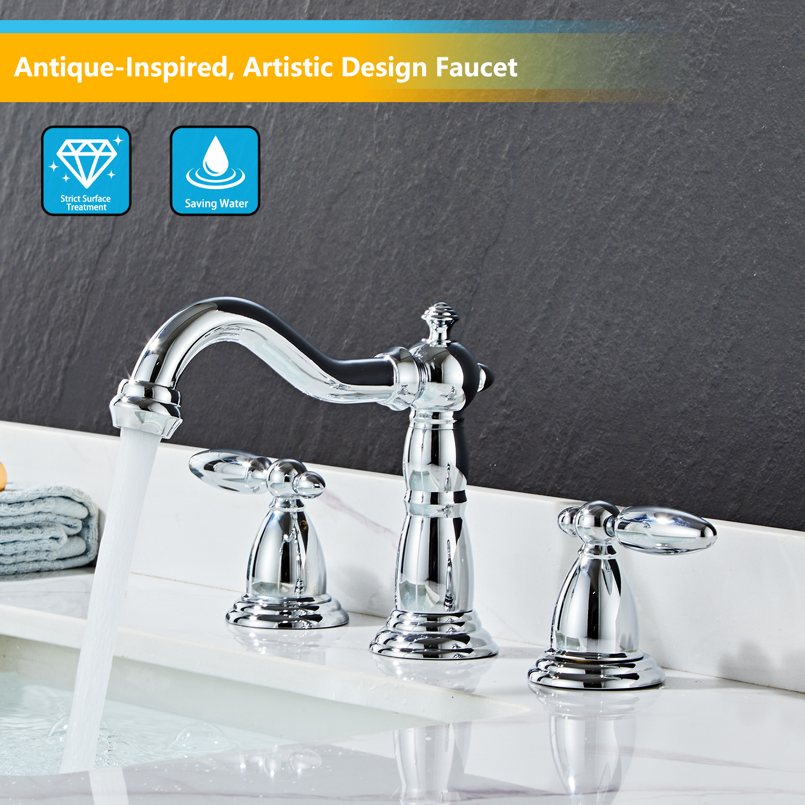 Wovier Widespread Faucet,Three Handle Two Hole Bathroom sink Faucet-W8403-6