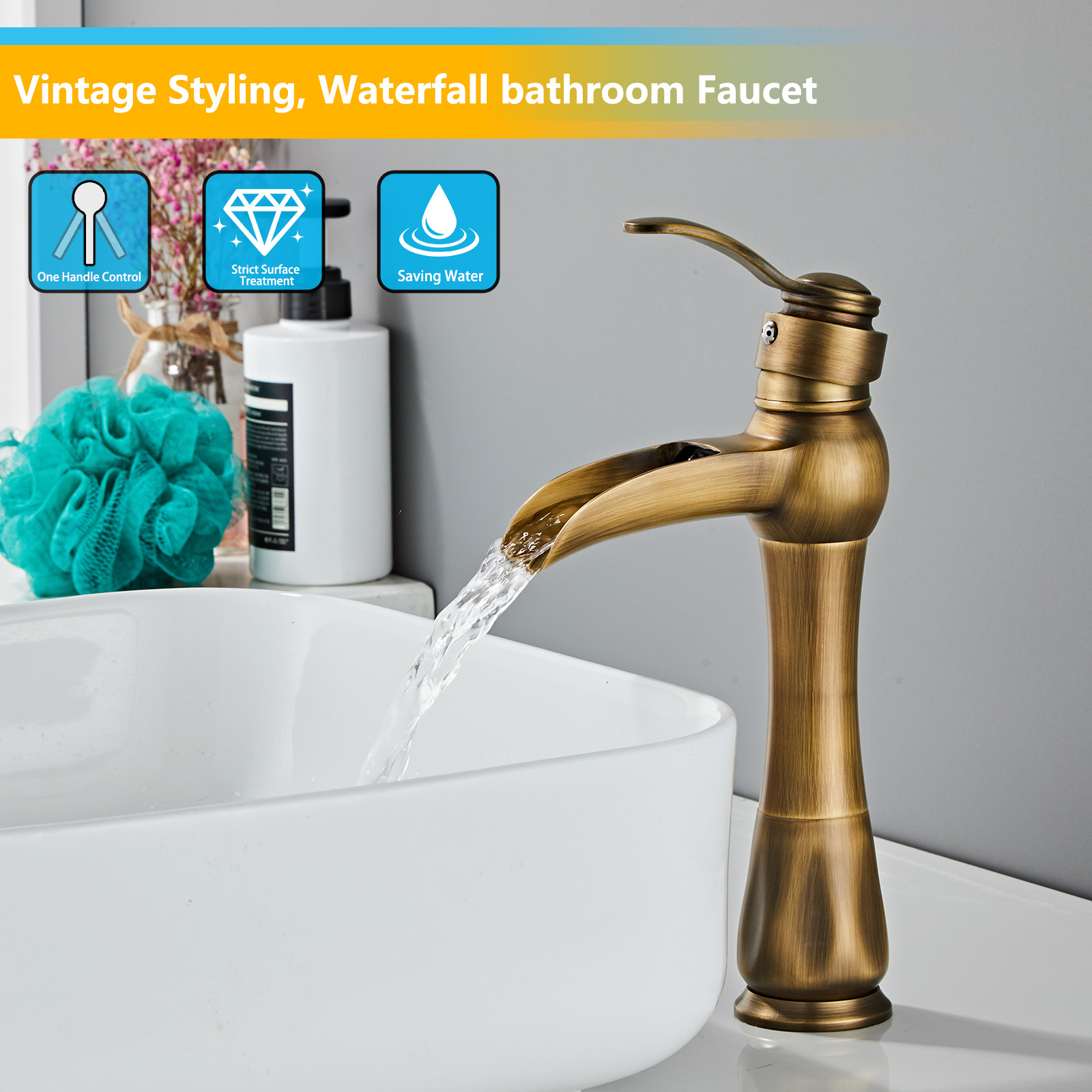 Wovier Waterfall Vessel Faucet with Supply Hose,Single Handle Single Hole Bathroom Faucet W8276-29