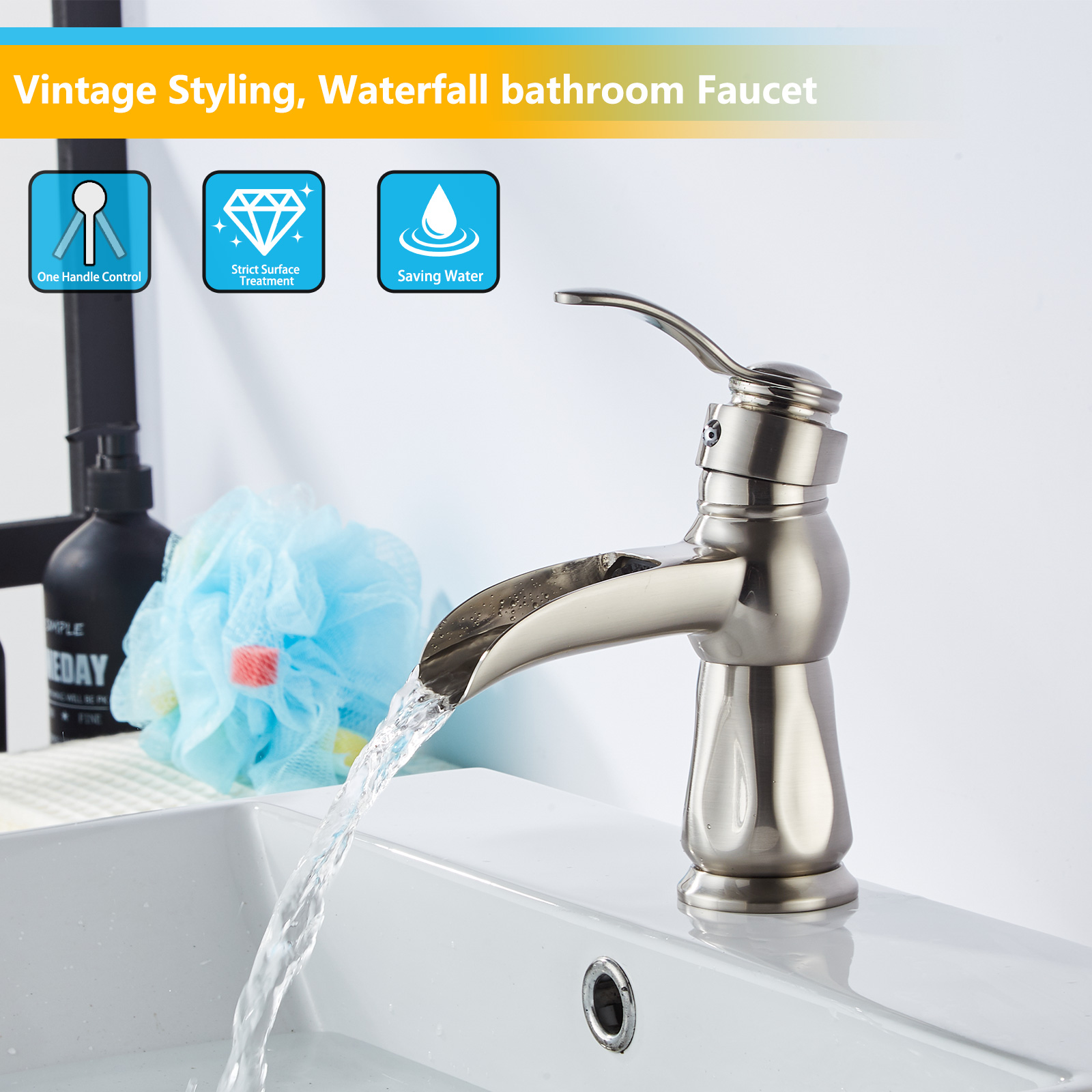 Wovier Waterfall Bathroom Sink Faucet,Single Handle Single Hole Faucet-W8277-1