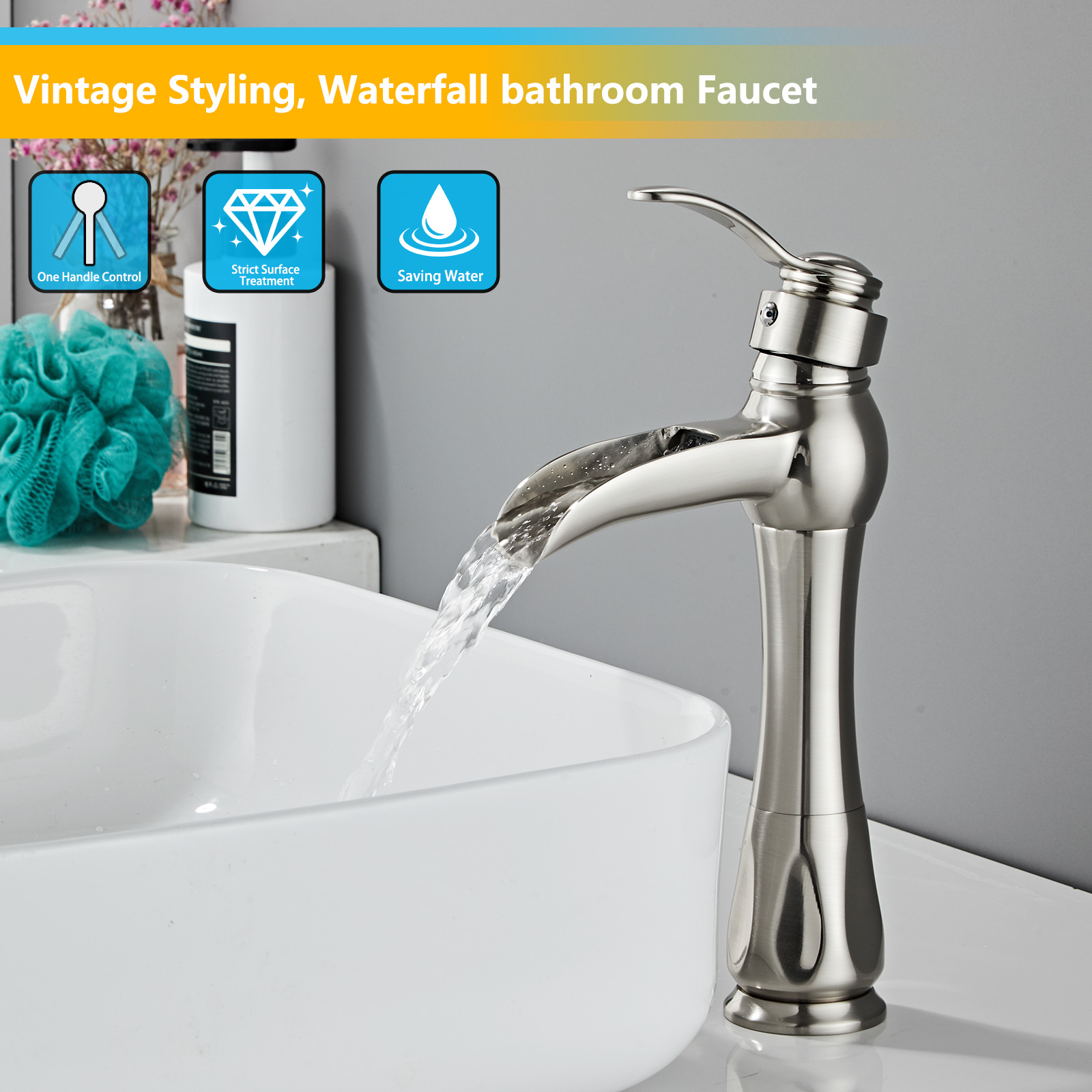 Wovier Waterfall Vessel Faucet with Supply Hose,Single Handle Single Hole Bathroom Faucet W8276-27