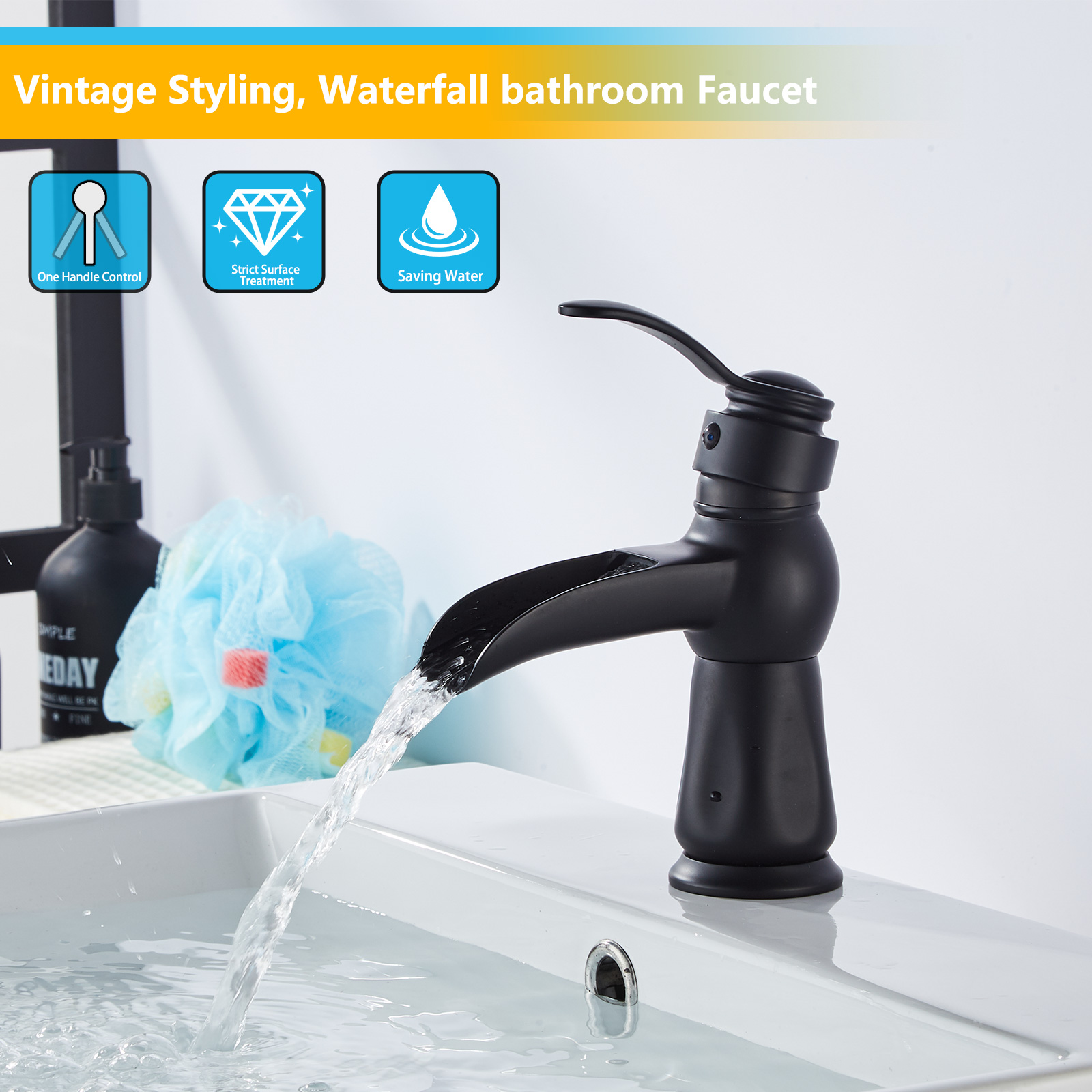 Wovier Waterfall Bathroom Sink Faucet,Single Handle Single Hole Faucet-W8277-7