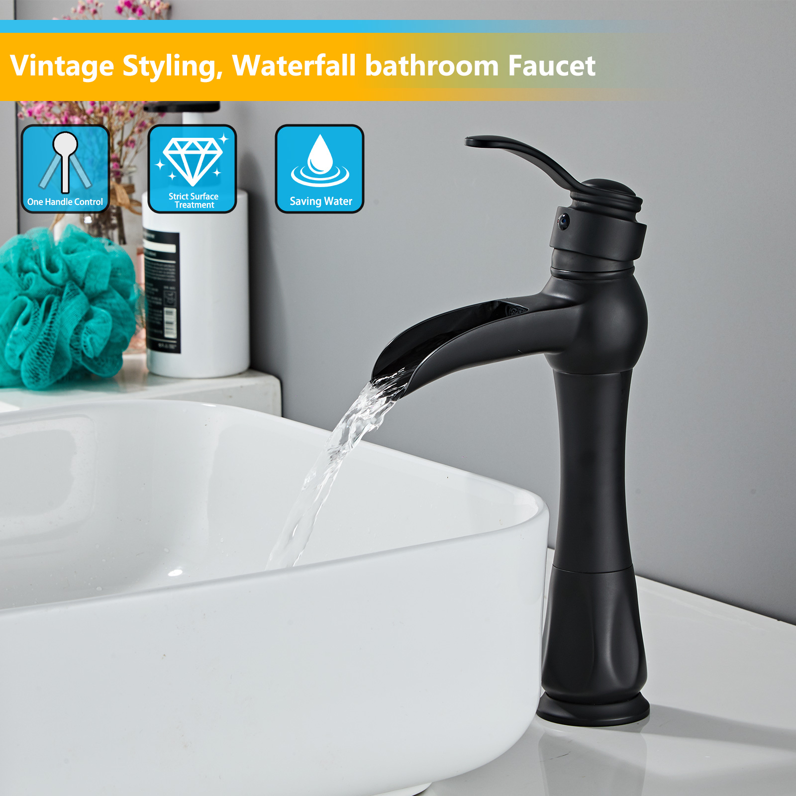Wovier Waterfall Vessel Faucet with Supply Hose,Single Handle Single Hole Bathroom Faucet W8276-21