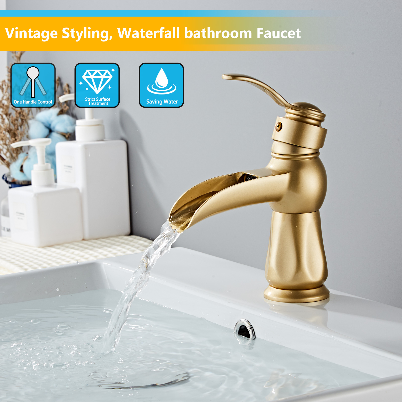 Wovier Waterfall Bathroom Sink Faucet,Single Handle Single Hole Faucet-W8277-8