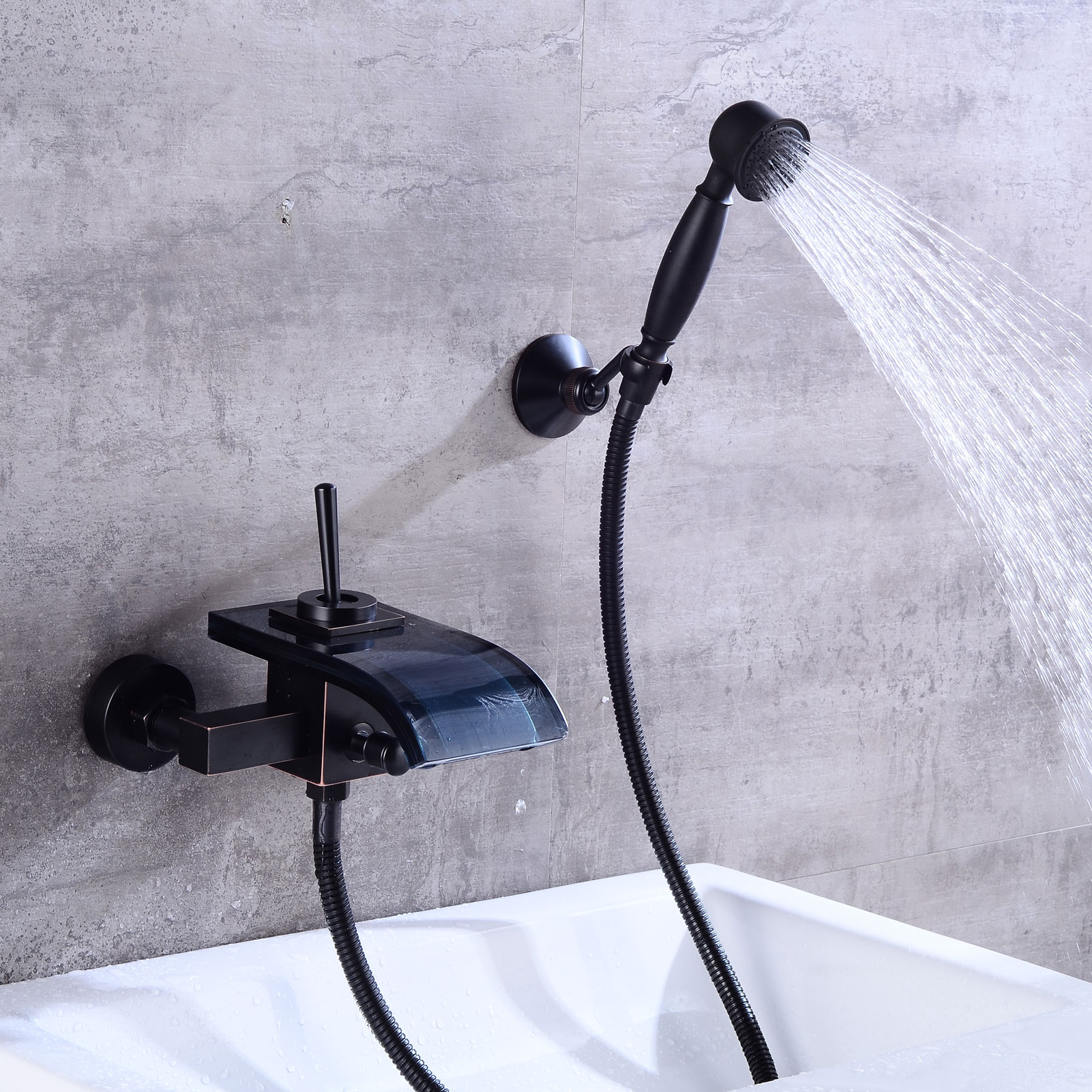 Wovier Waterfall Wall Mounted Waterfall Glass Tub Filler with Hand Shower W8708