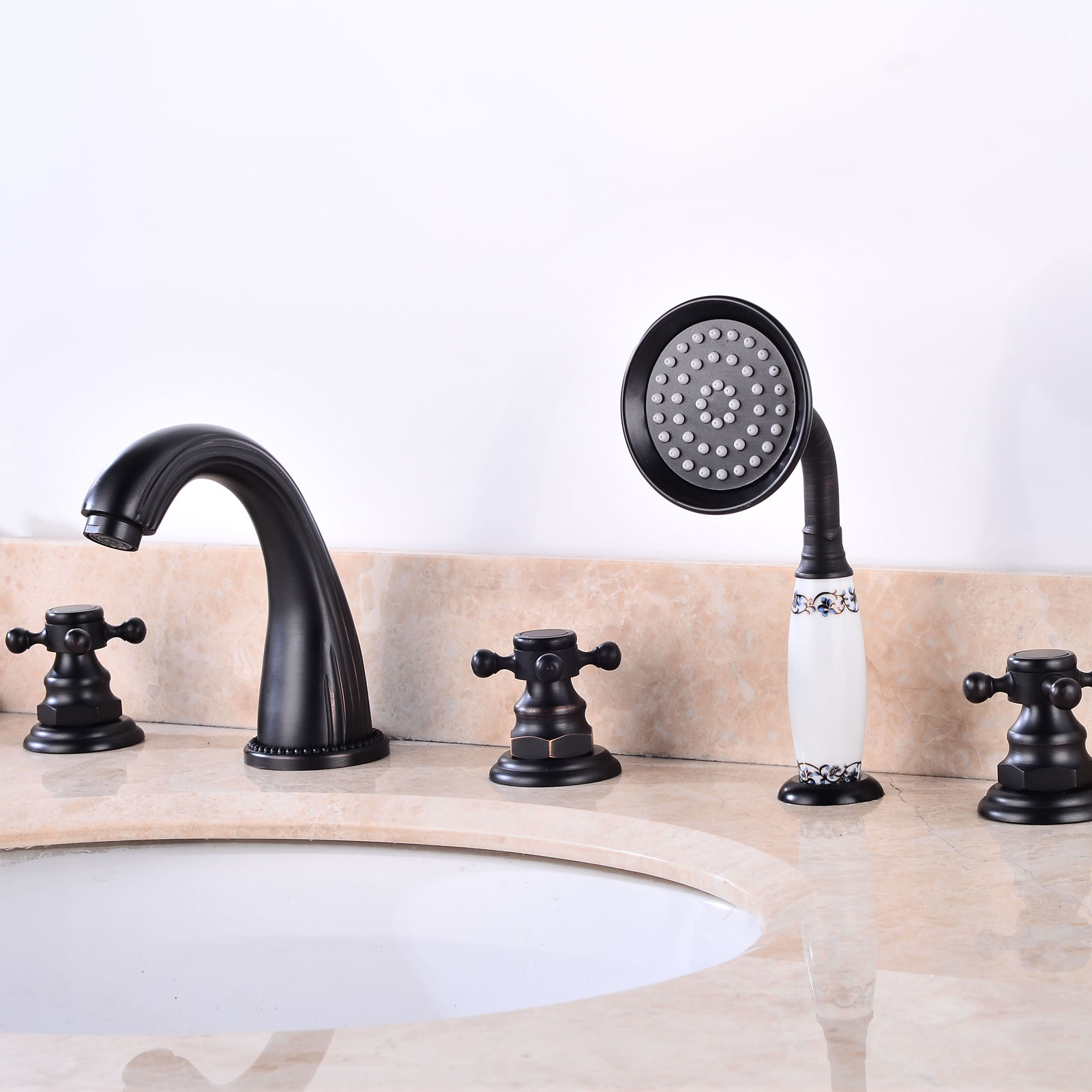 Wovier Bathtub Faucets Set,Three Handles Five Holes with Handheld Sprayer – W8772-5