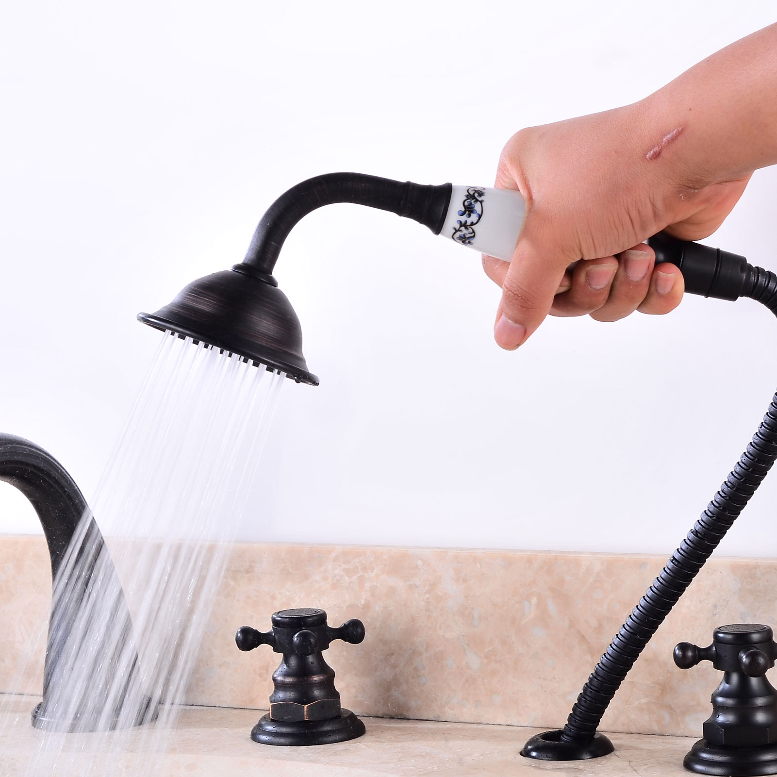 Wovier Bathtub Faucets Set,Three Handles Five Holes with Handheld Sprayer – W8772-4