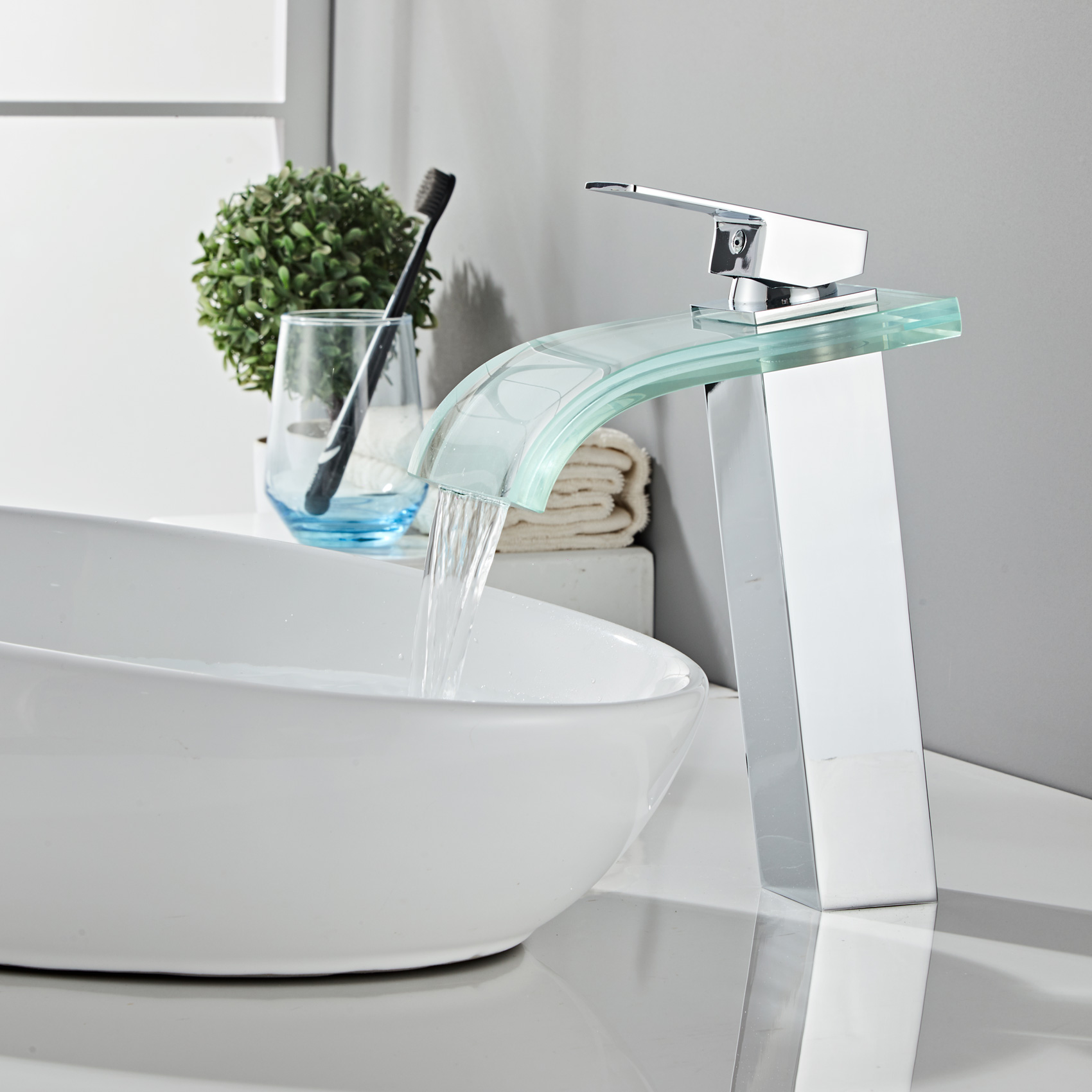 Wovier Waterfall Vessel Faucet, Single Handle Single Hole glass Bathroom Faucet - w8108-27