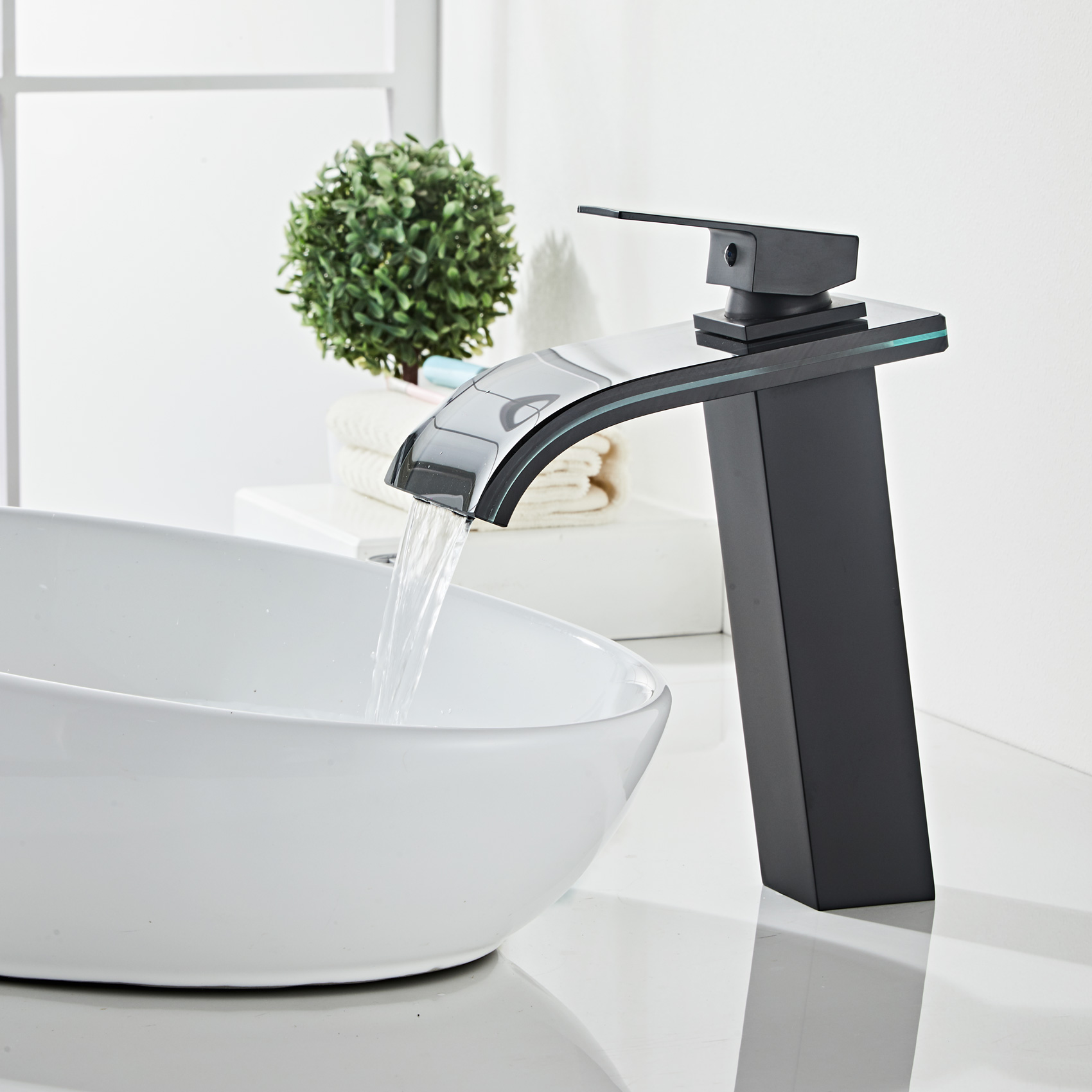Wovier Waterfall Vessel Faucet, Single Handle Single Hole glass Bathroom Faucet - w8108-24