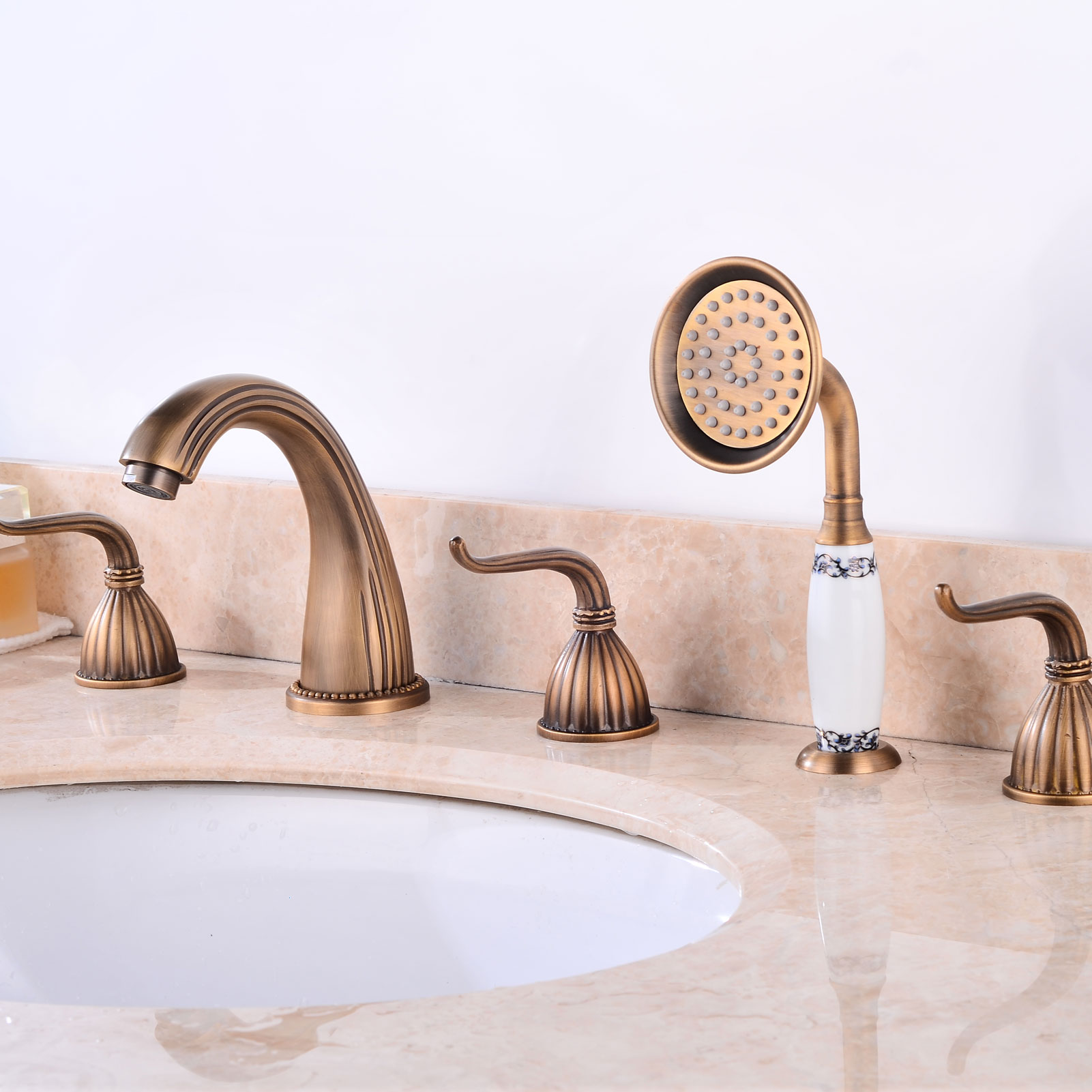 Wovier Bathtub Faucets Set,Three Handles Five Holes with Handheld Sprayer – W8771-12