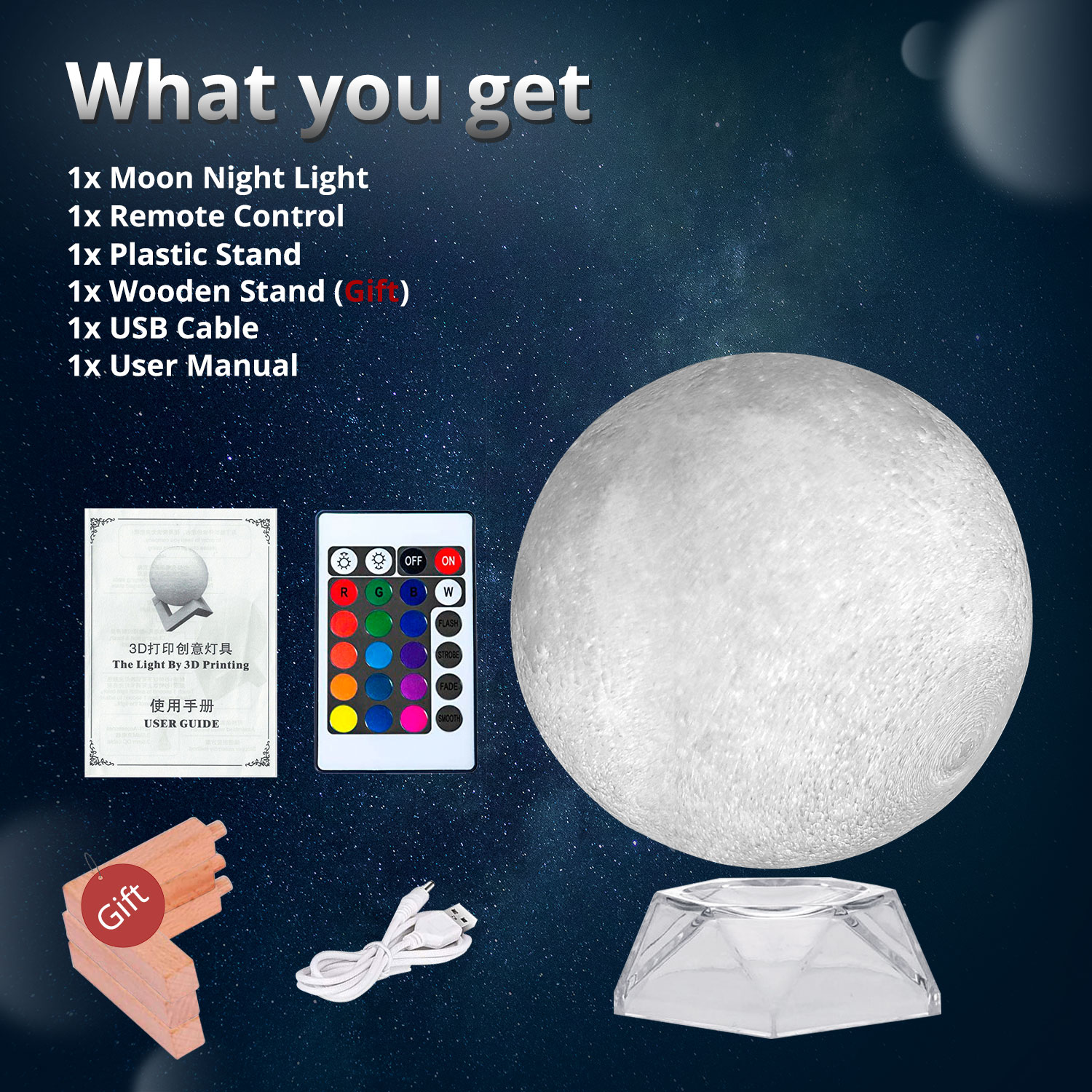  Volvey 16 Colors 10cm Moon Lamp 3D Printed Moon Night with Stand, Remote & Touch Control, USB Rechargeable, 4"
