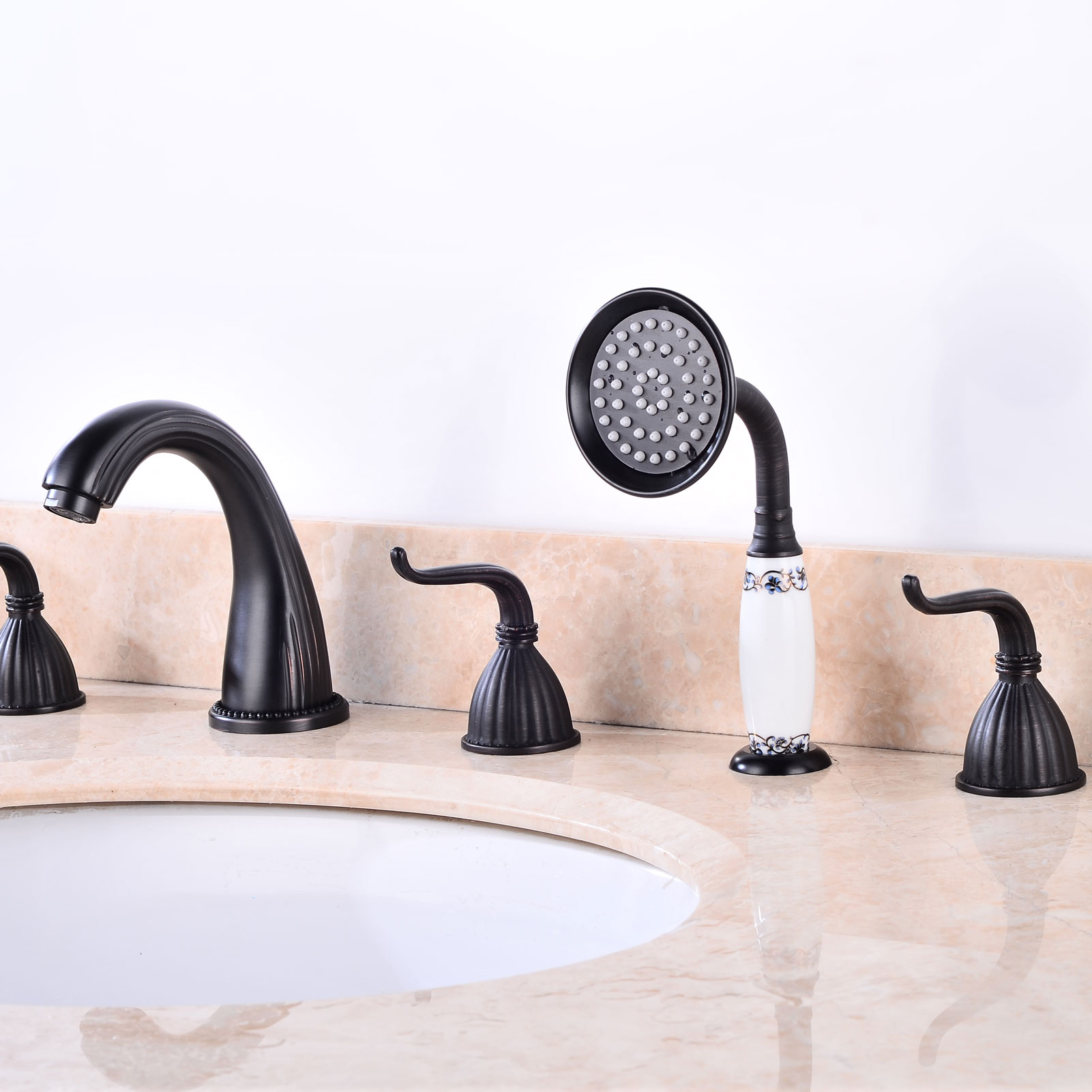 Wovier Bathtub Faucets Set,Three Handles Five Holes with Handheld Sprayer – W8771-4