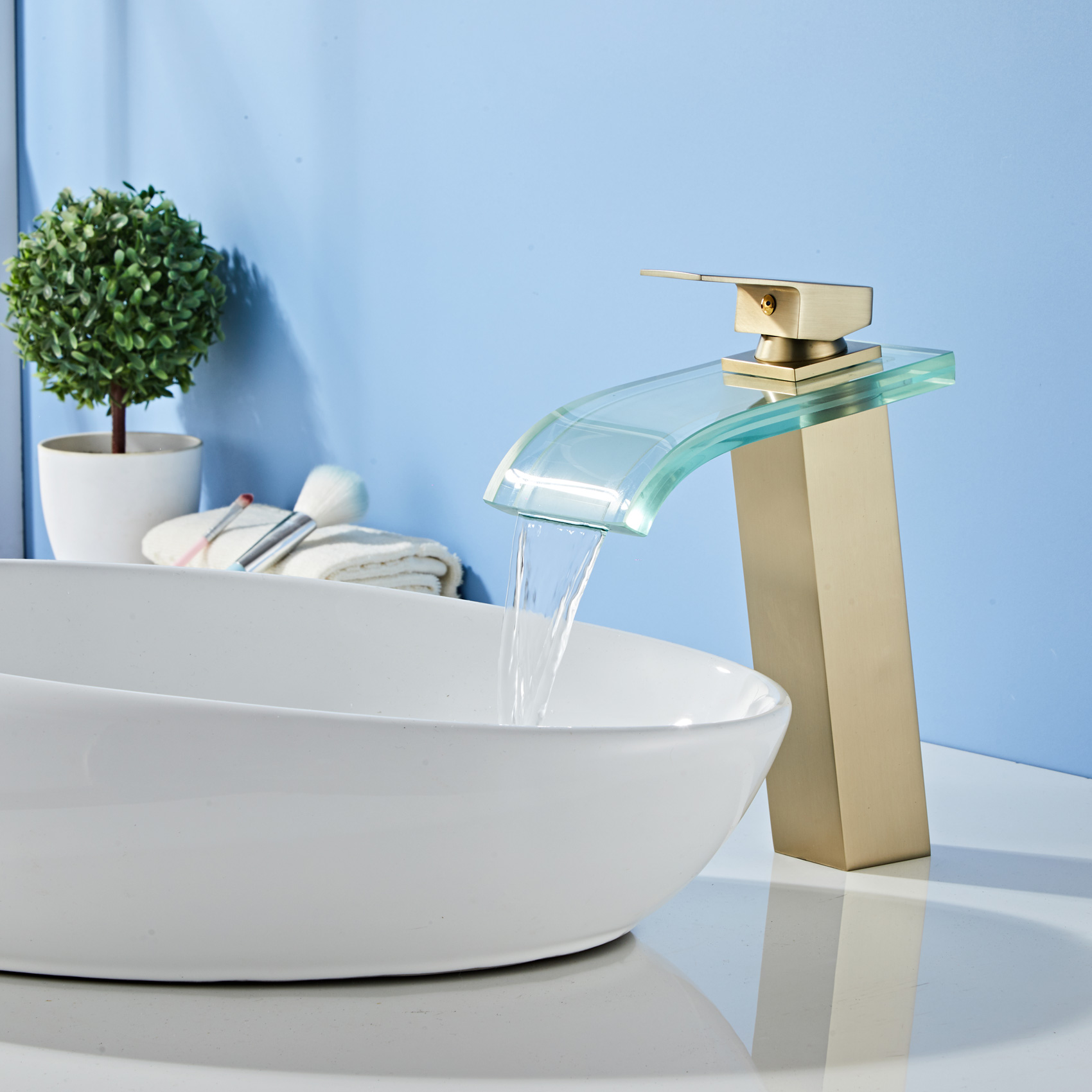 Wovier Waterfall Vessel Faucet, Single Handle Single Hole glass Bathroom Faucet - w8108-1