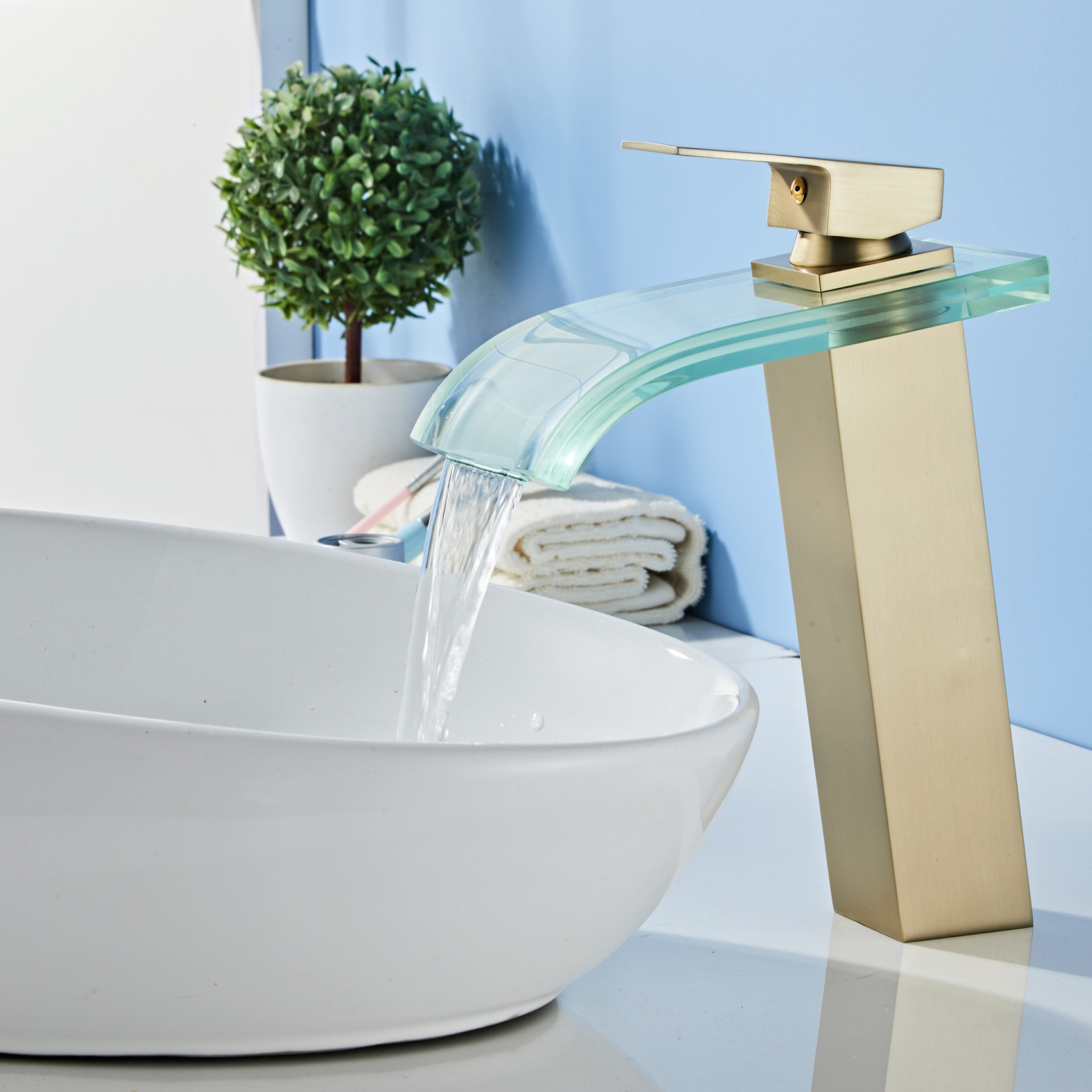 Wovier Waterfall Vessel Faucet, Single Handle Single Hole glass Bathroom Faucet - w8108-10