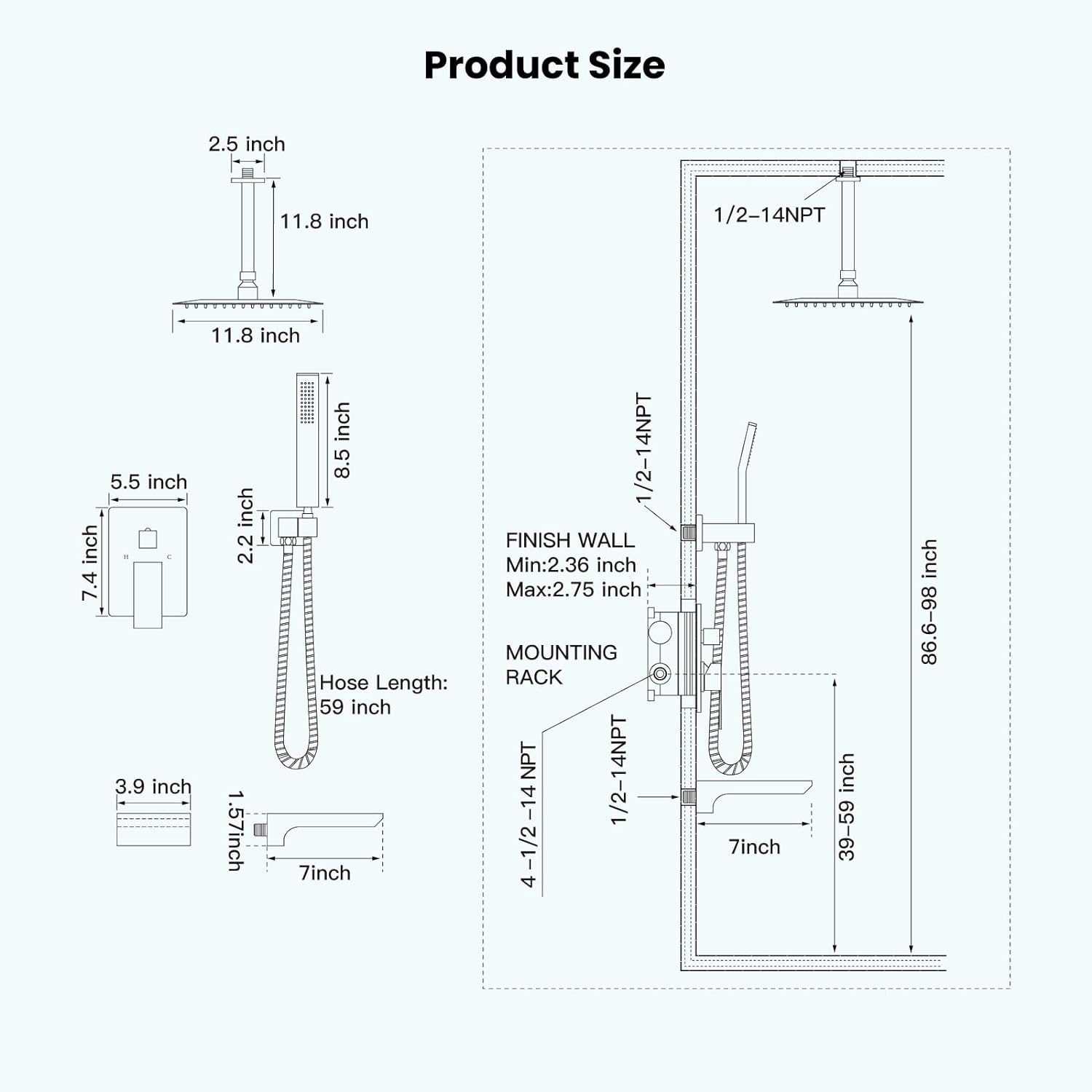 Wovier Shower System Rain Shower Handheld Sprayer with Shower Hose - W8810-3
