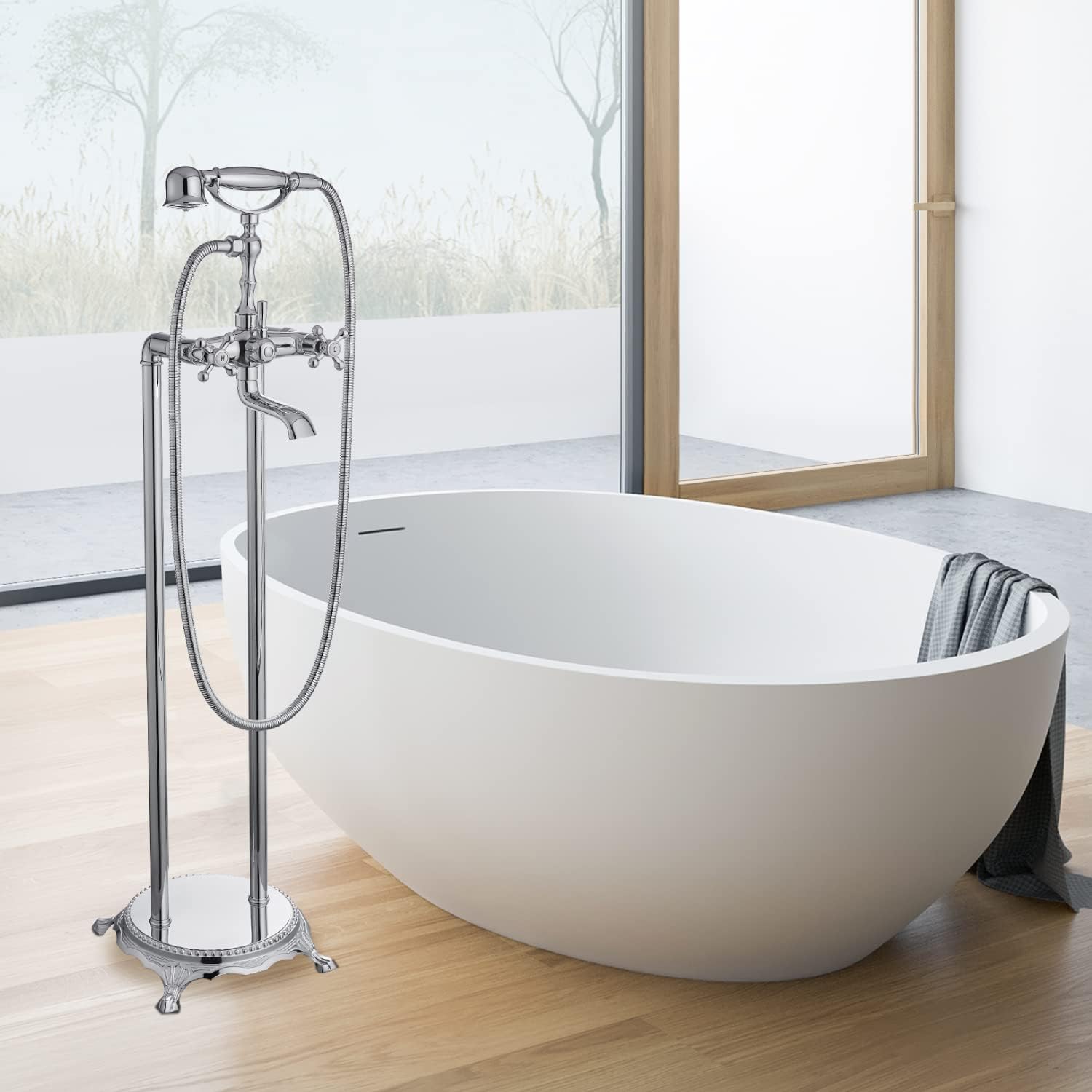 Wovier Floor Mounted Tub Filler Faucet, Freestanding Bathtub Faucet with Hand Shower W8784