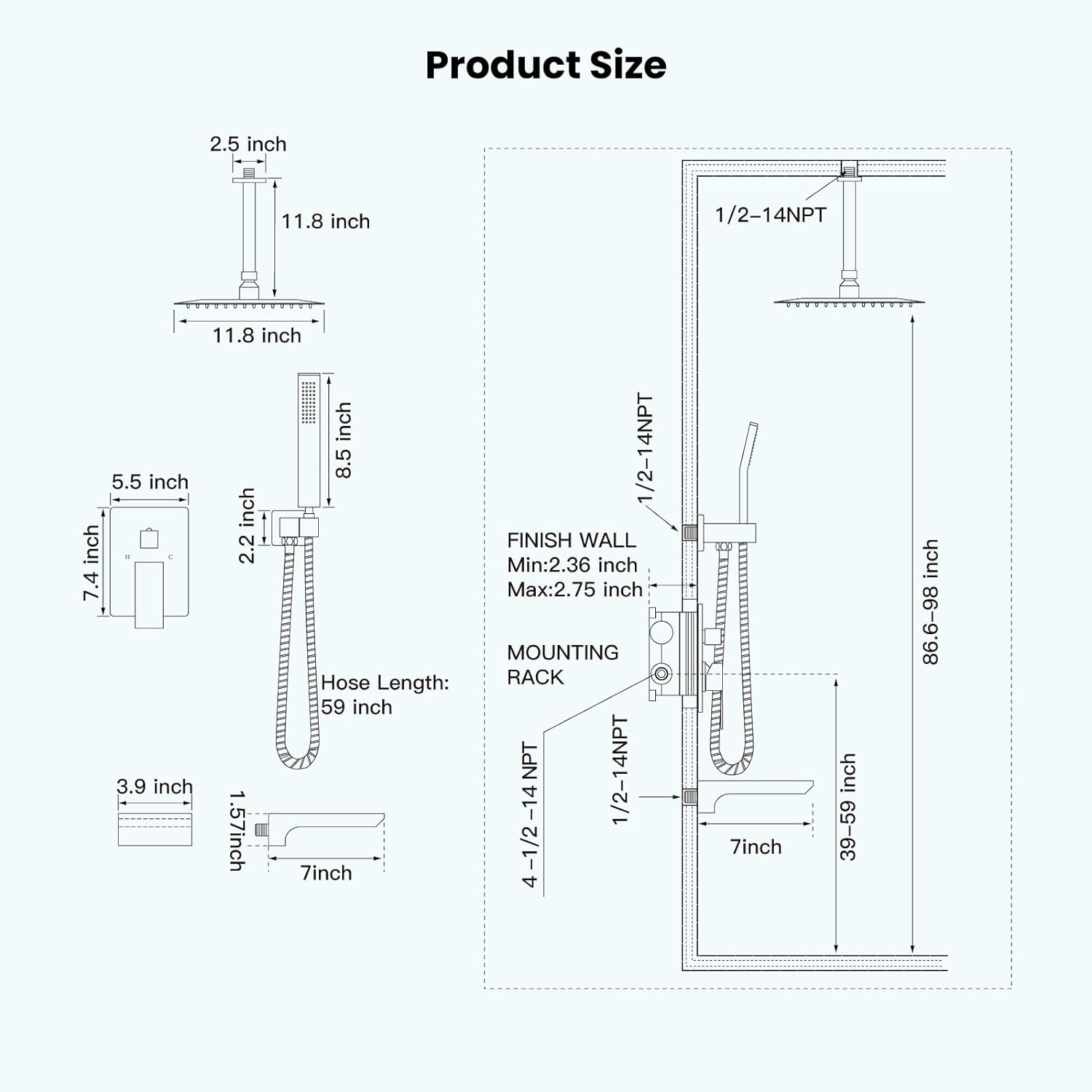 Wovier Shower System Rain Shower Handheld Sprayer with Shower Hose - W8810-7