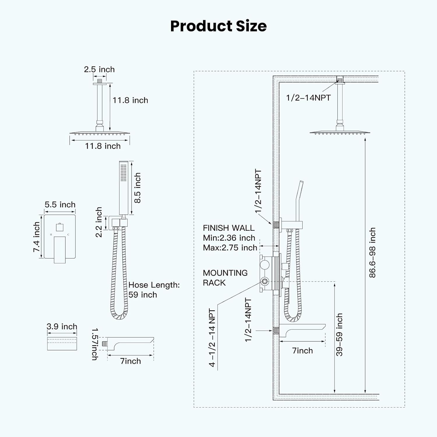 Wovier Shower System Rain Shower Handheld Sprayer with Shower Hose - W8810-11