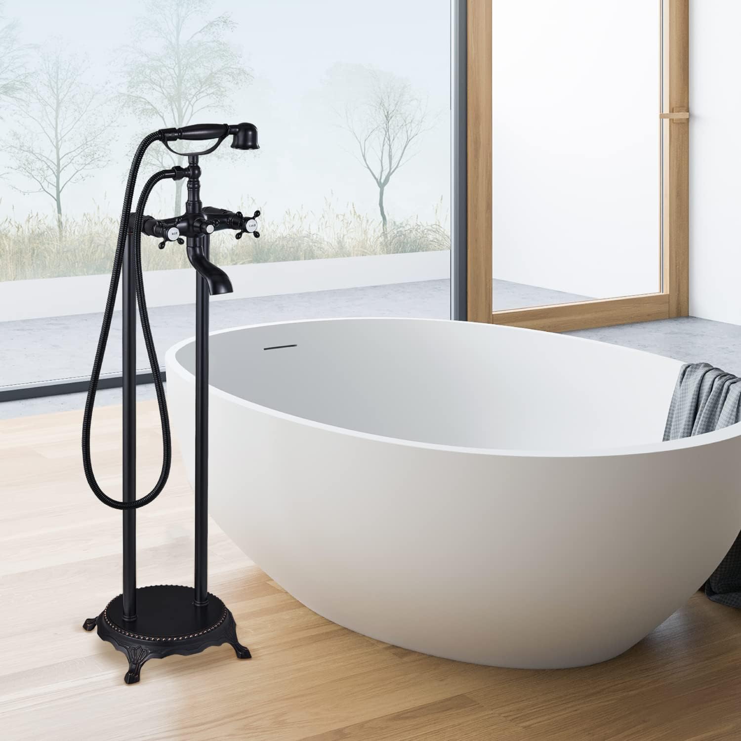 Wovier Floor Mounted Tub Filler Faucet, Freestanding Bathtub Faucet with Hand Shower W8784