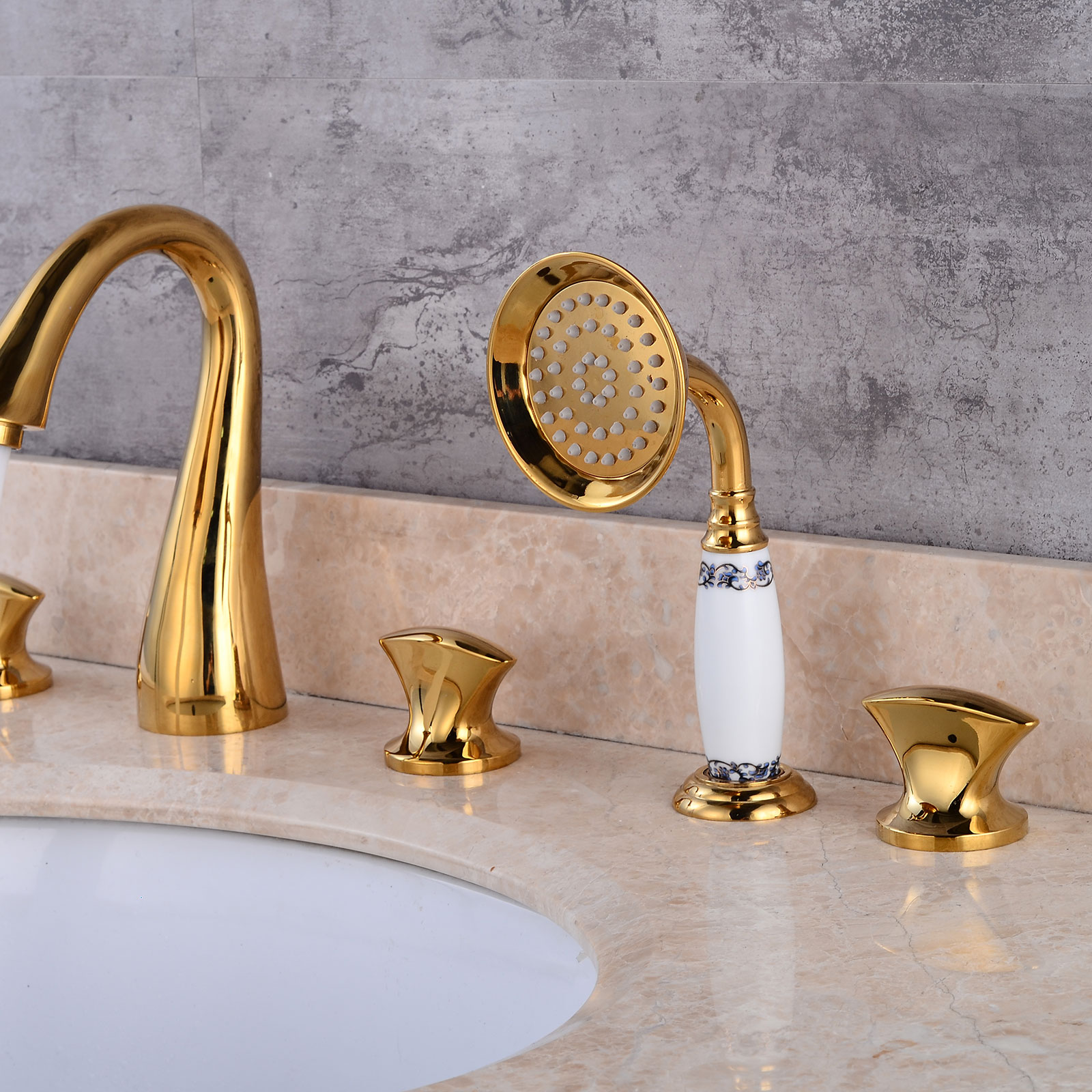 Wovier Bathtub Faucets Set,Three Handles Five Holes with Handheld Sprayer – W8722-4