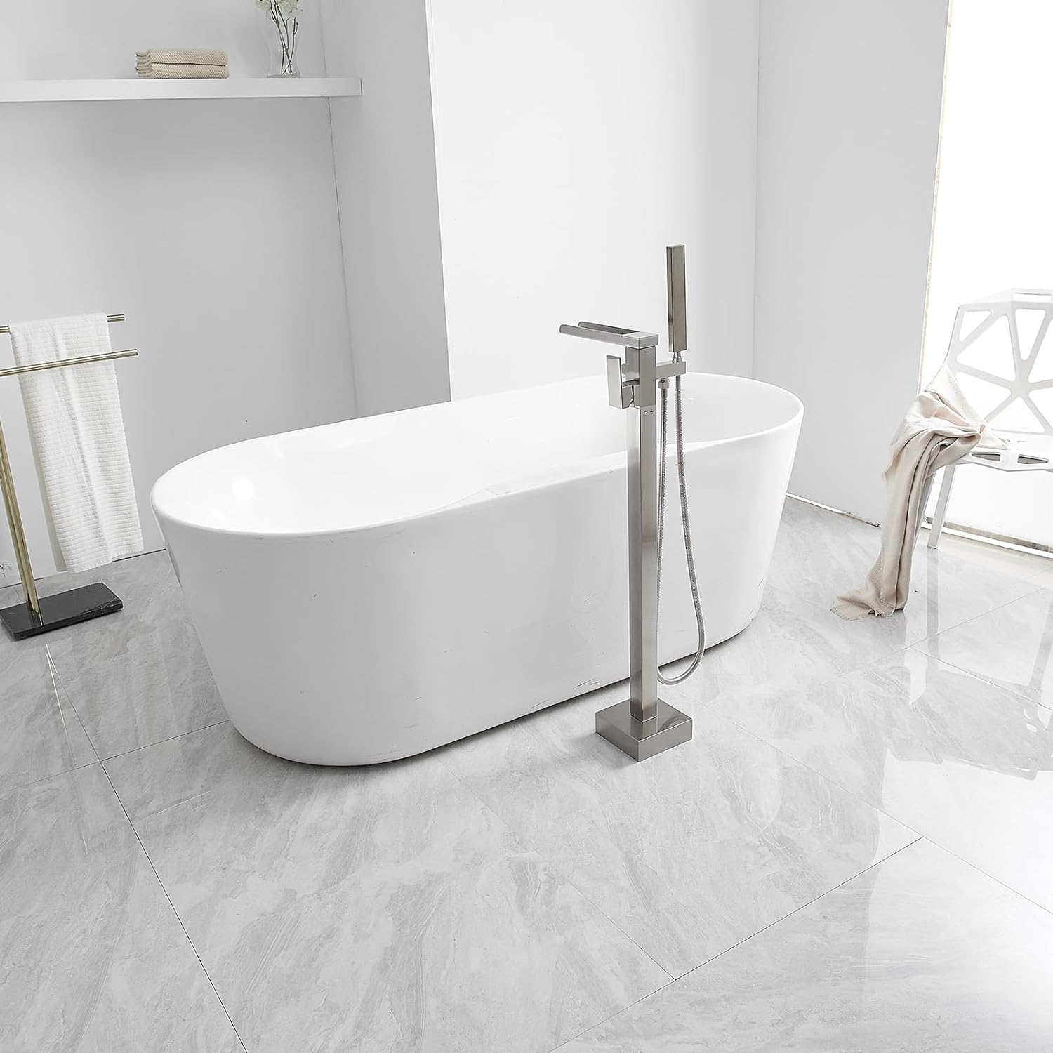 Wovier Floor Mounted Tub Filler Faucet, Freestanding Bathtub Faucet with Hand Shower W8786