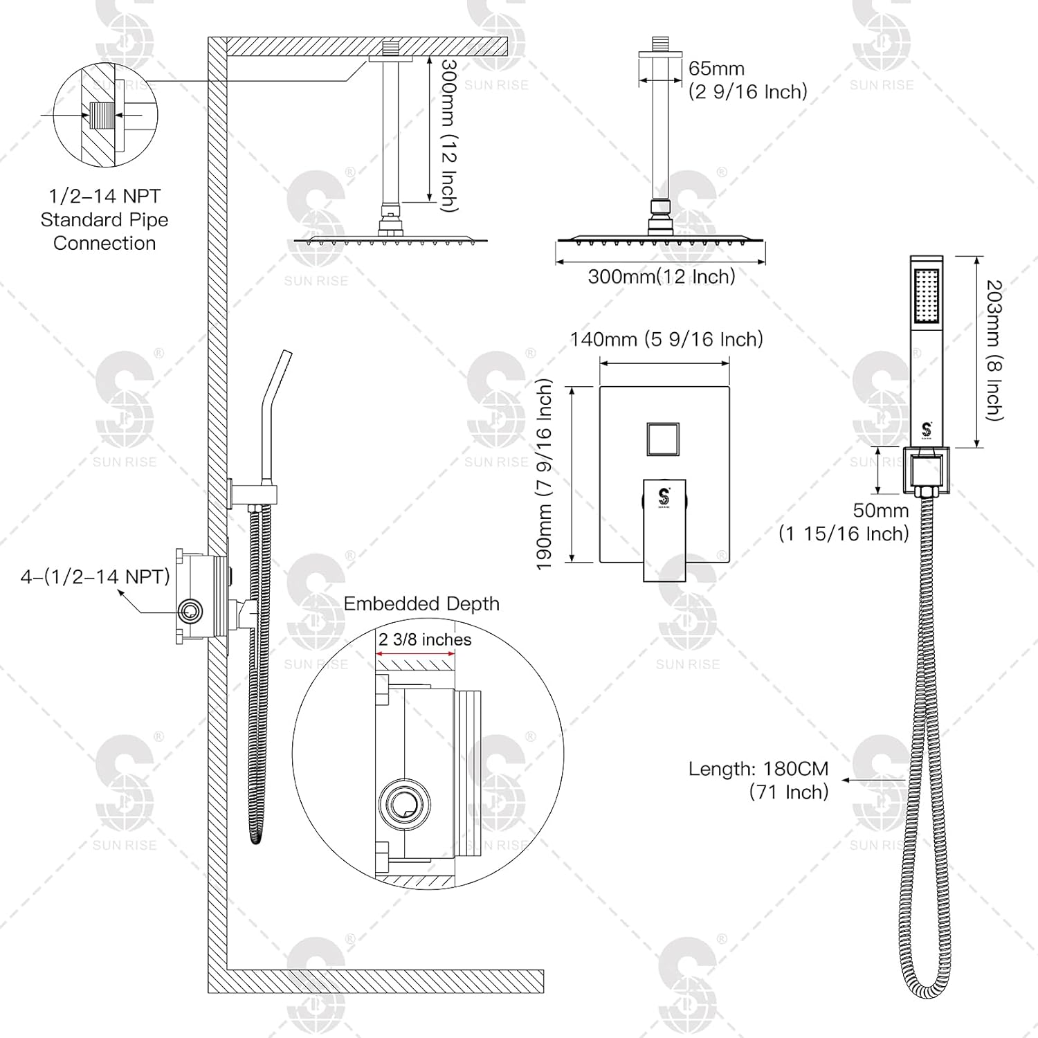 Wovier Shower System Rain Shower Handheld Sprayer with Shower Hose - W8818-9