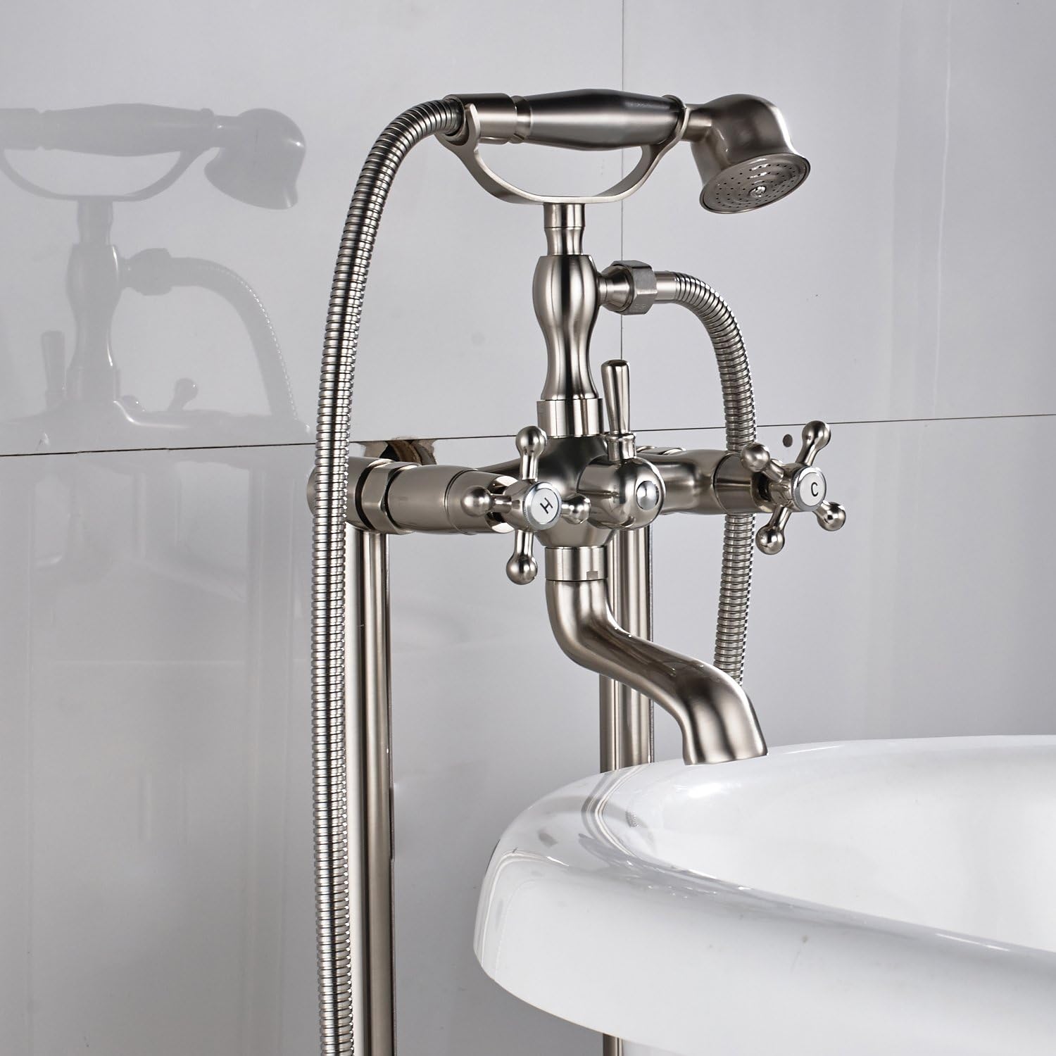 Wovier Floor Mounted Tub Filler Faucet, Freestanding Bathtub Faucet with Hand Shower W8784