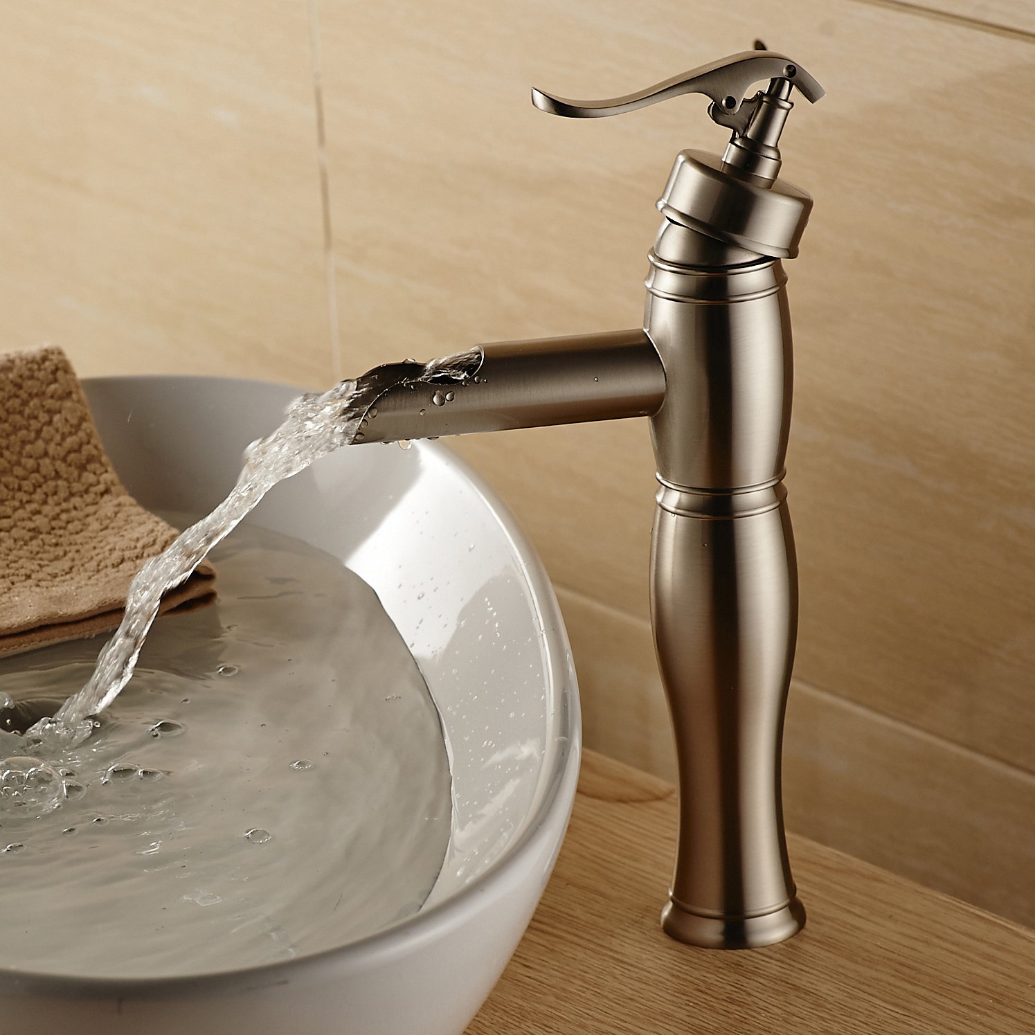 Wovier Waterfall Vessel Faucet with Supply Hose,Single Handle Single Hole Bathroom Faucet W8287-2