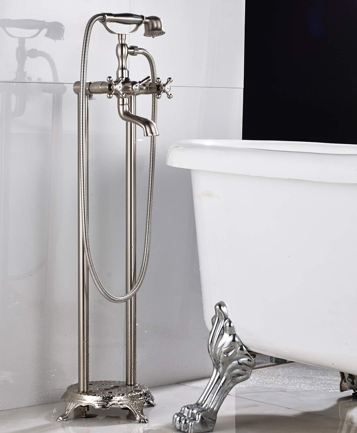Wovier Floor Mounted Tub Filler Faucet, Freestanding Bathtub Faucet with Hand Shower W8784