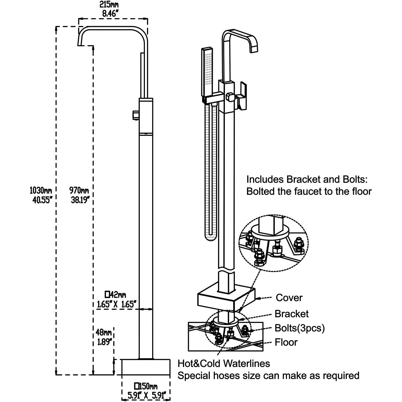 Wovier Floor Mounted Tub Filler Faucet, Freestanding Bathtub Faucet with Hand Shower W8785