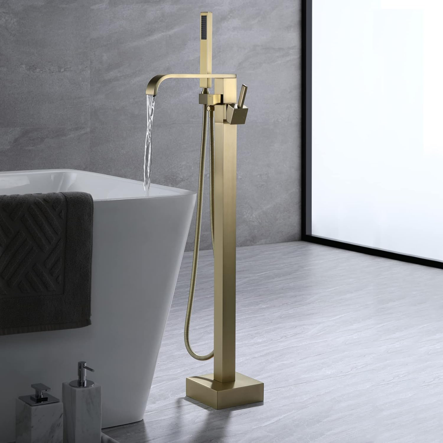 Wovier Floor Mounted Tub Filler Faucet, Freestanding Bathtub Faucet with Hand Shower W8782