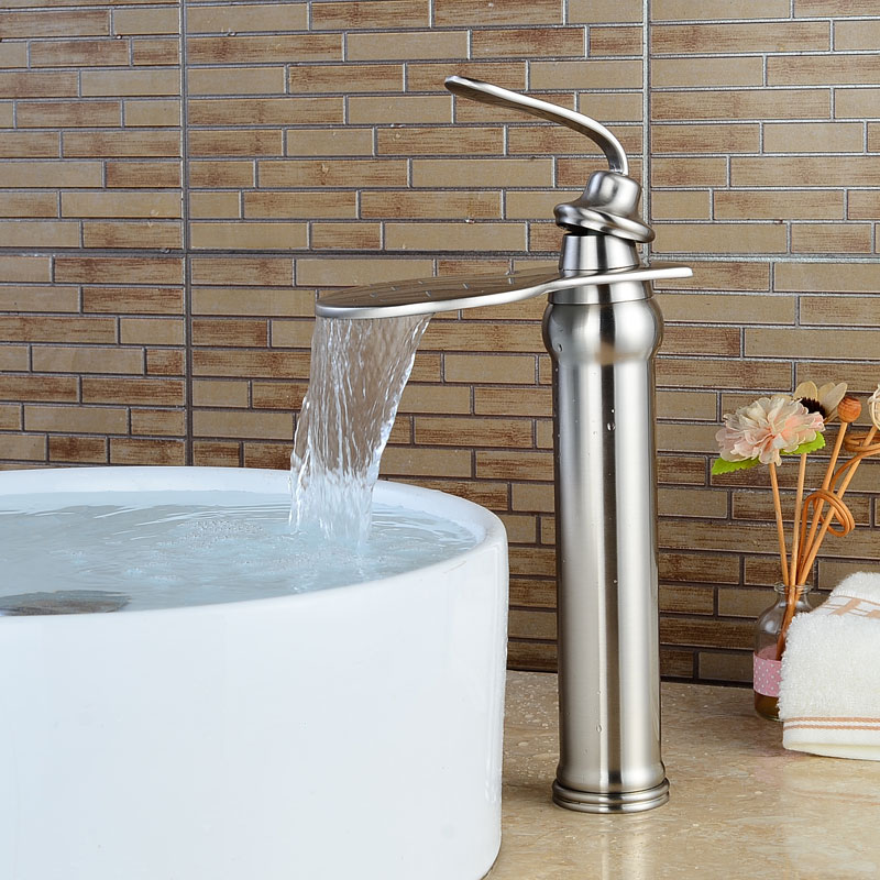 Wovier Waterfall Vessel Faucet with Supply Hose,Single Handle Single Hole Bathroom Faucet W8295-2