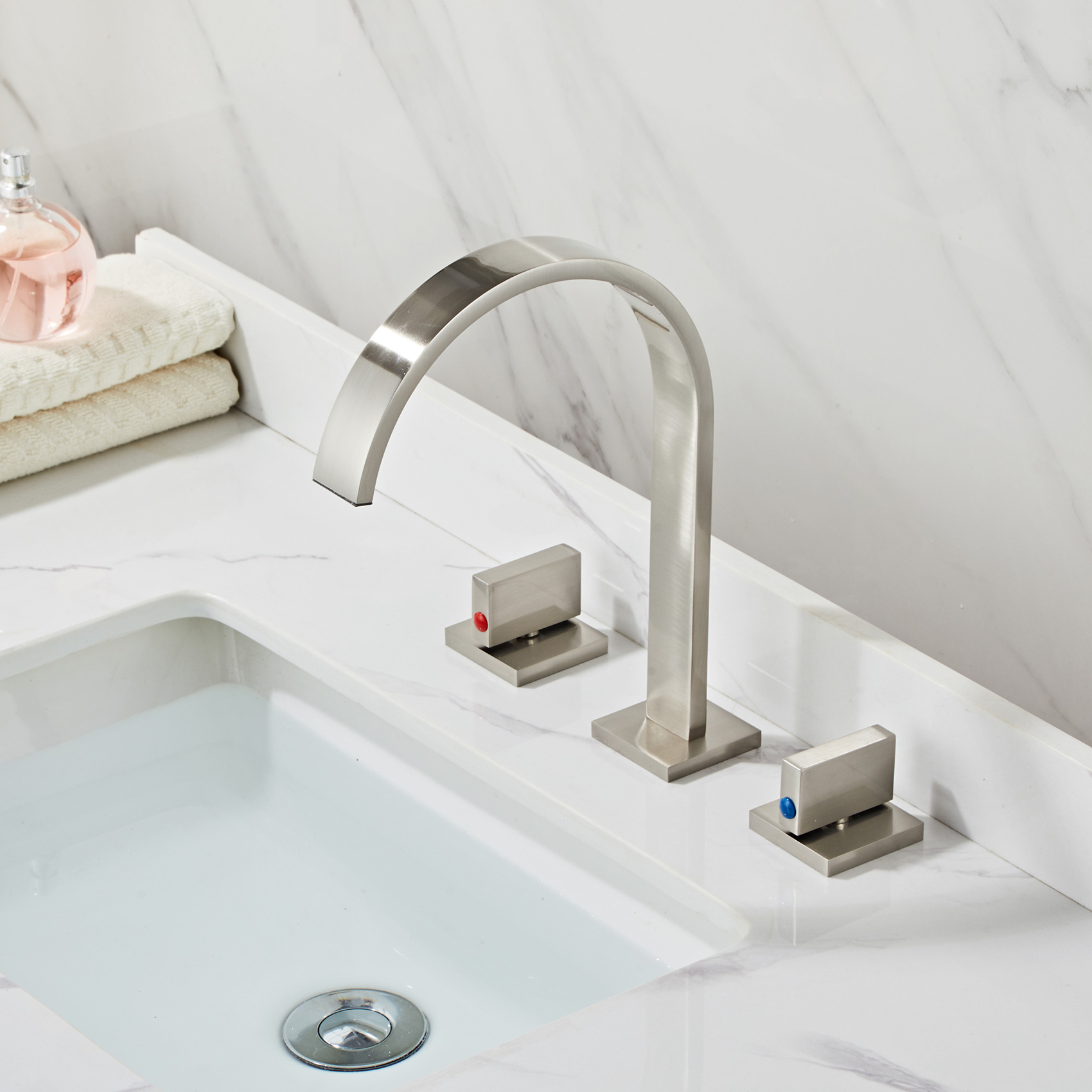 Wovier Widespread Faucet,Three Handle Two Hole Bathroom sink Faucet-W8404-14