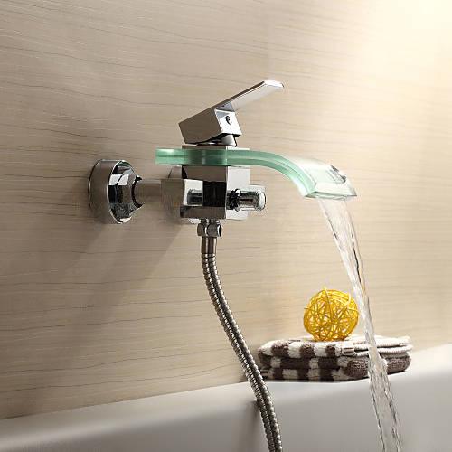 Wovier Waterfall Wall Mounted Waterfall Glass Tub Filler with Hand Shower W8802