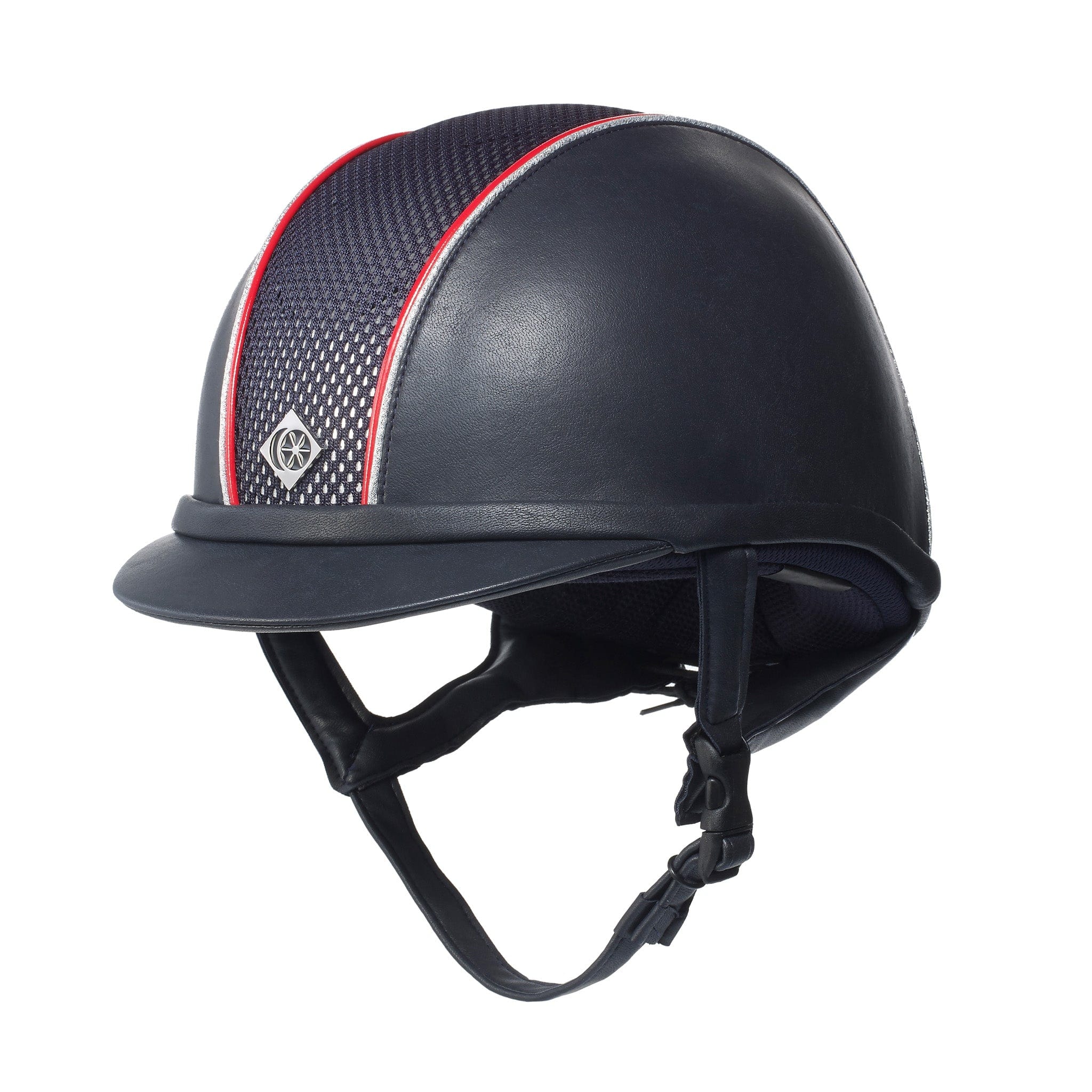 Charles Owen Ayr8 Plus Leather Look Riding Hat - 57cm · Round · Navy with Red and White Piping