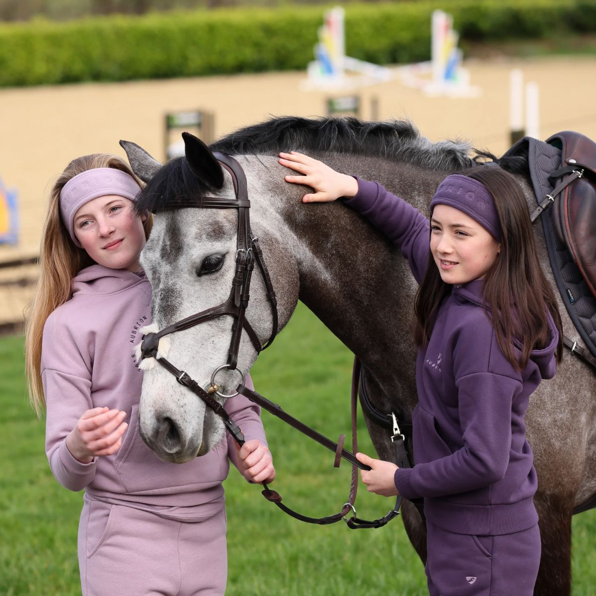 Aubrion Young Rider Serene Hoodie Mauve and Purple with Horse