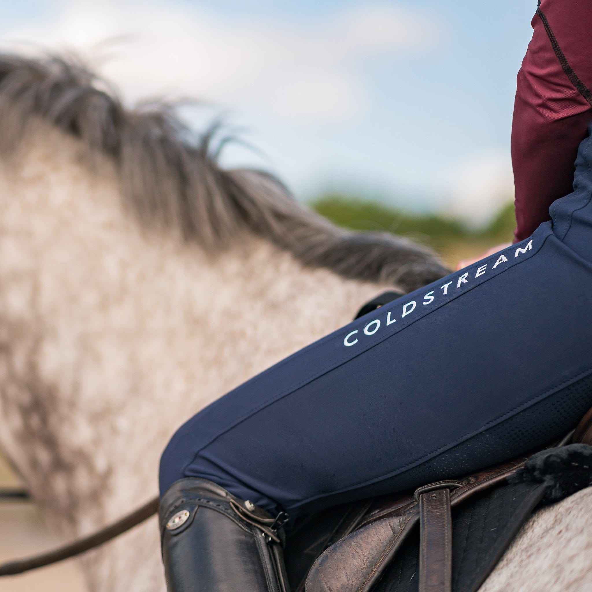 Coldstream Kilham Silicone Full Seat Competition Breeches 24982 Navy On Rider Leg Close Up