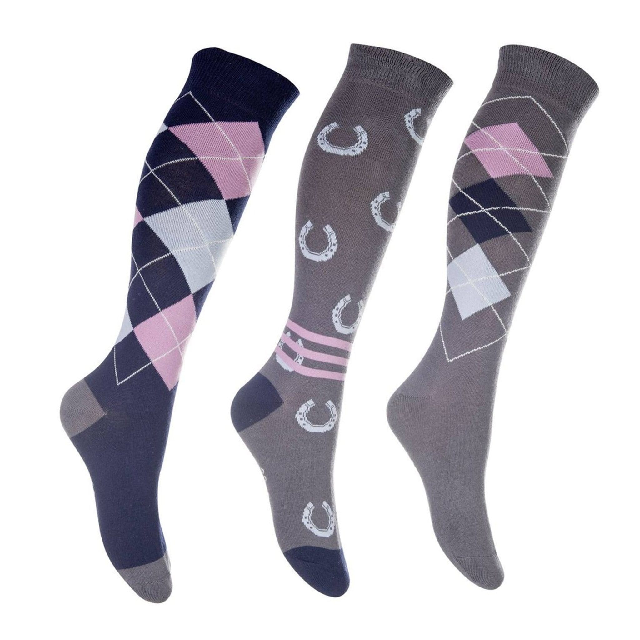 Hkm Children's Cardiff Riding Socks 3 Pack - Grey and Blue