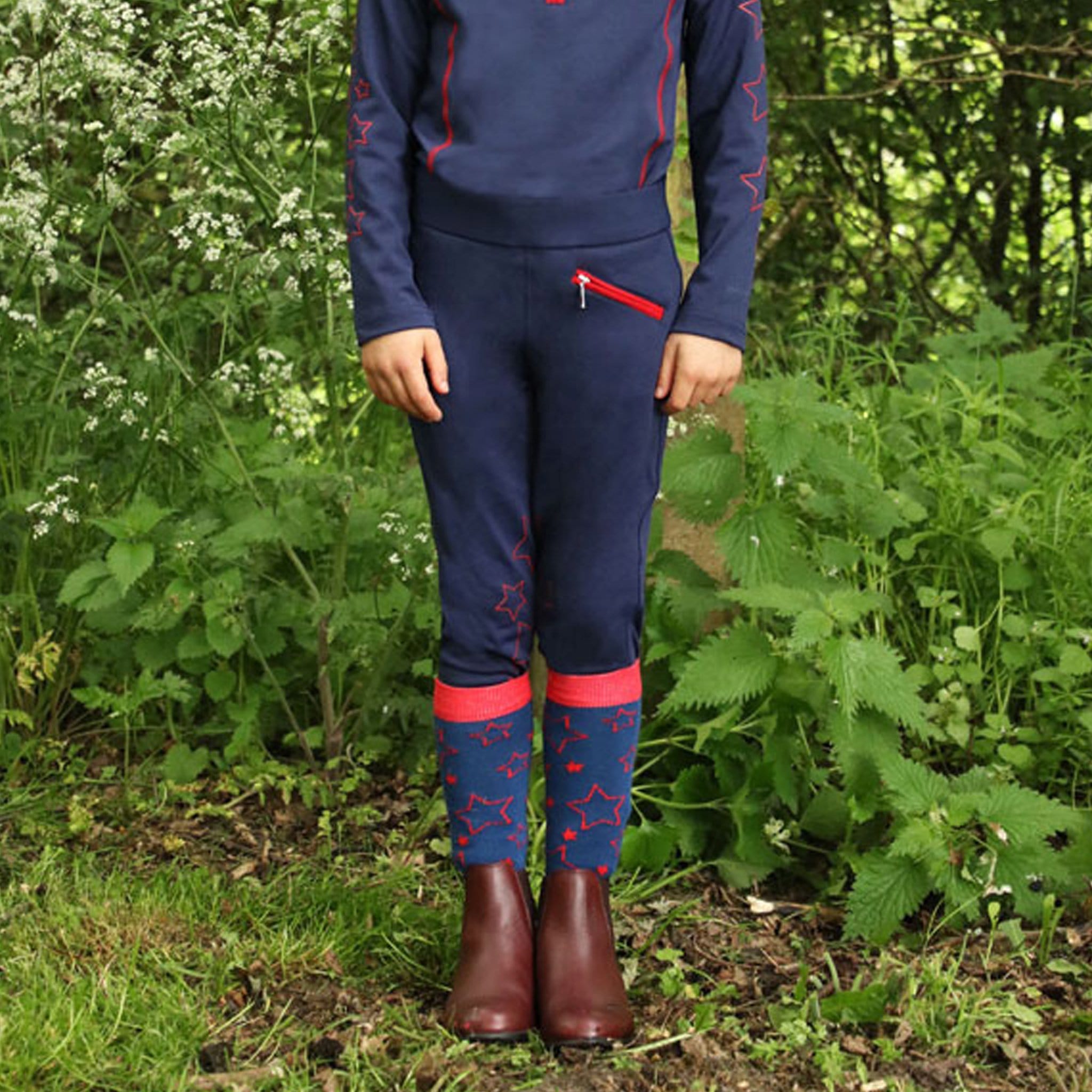 Hy Equestrian Children's Stella Silicone Knee Patch Riding Tights - 7 - 8 Years · Navy and Red