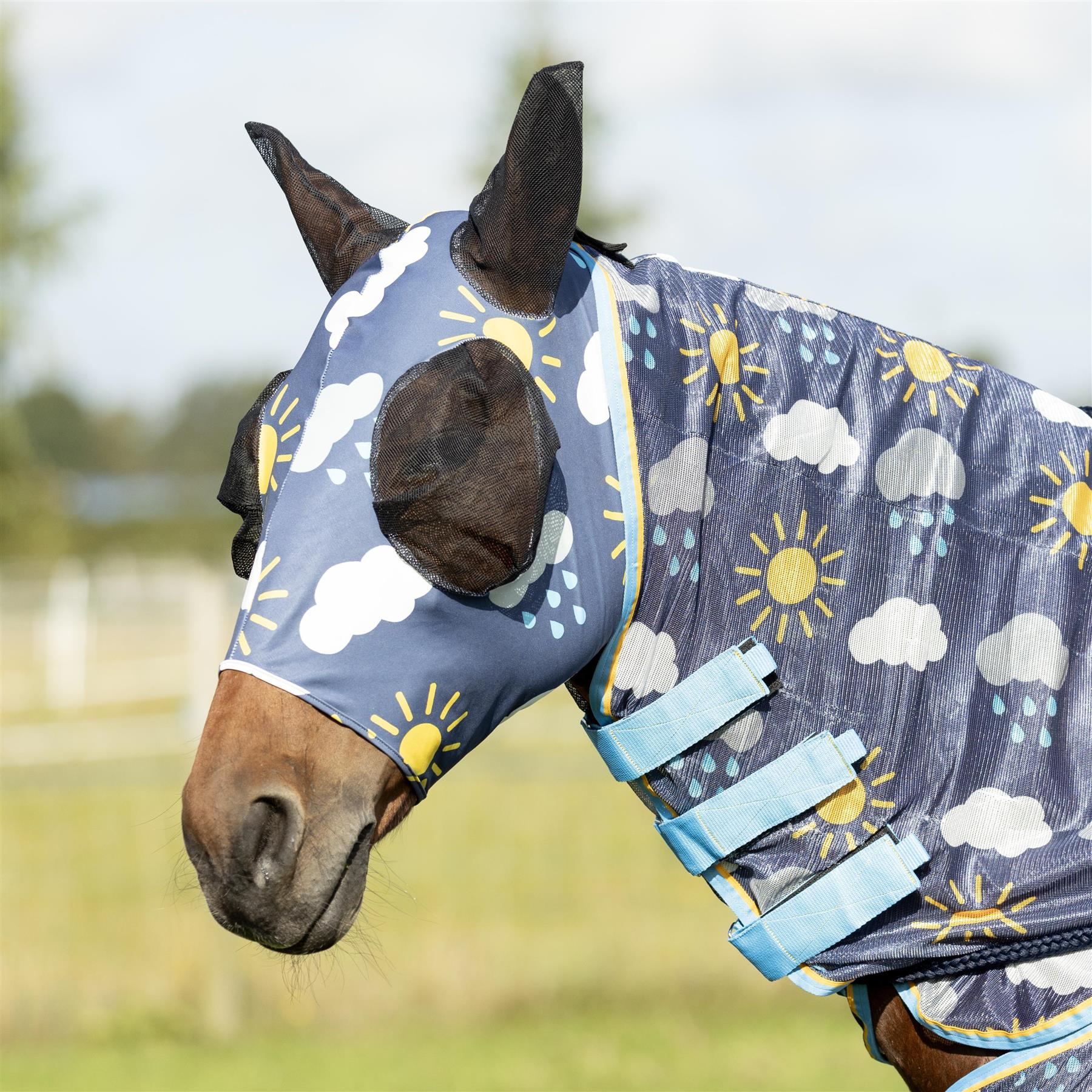 Hy Equestrian Lycra Come Rain or Shine Print Fly Mask