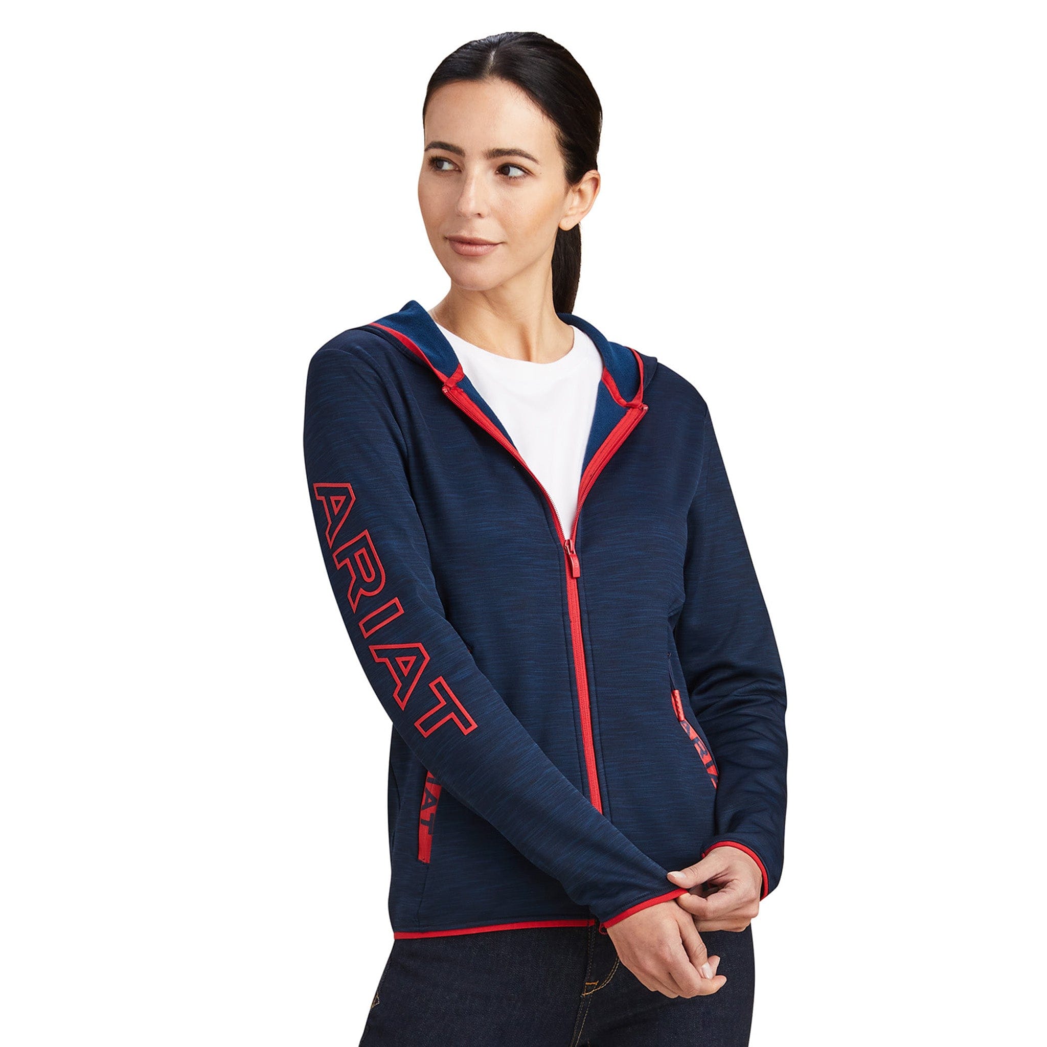 Ariat Team Byron Full Zip Hoodie 10041363 Navy and Red Front On Model