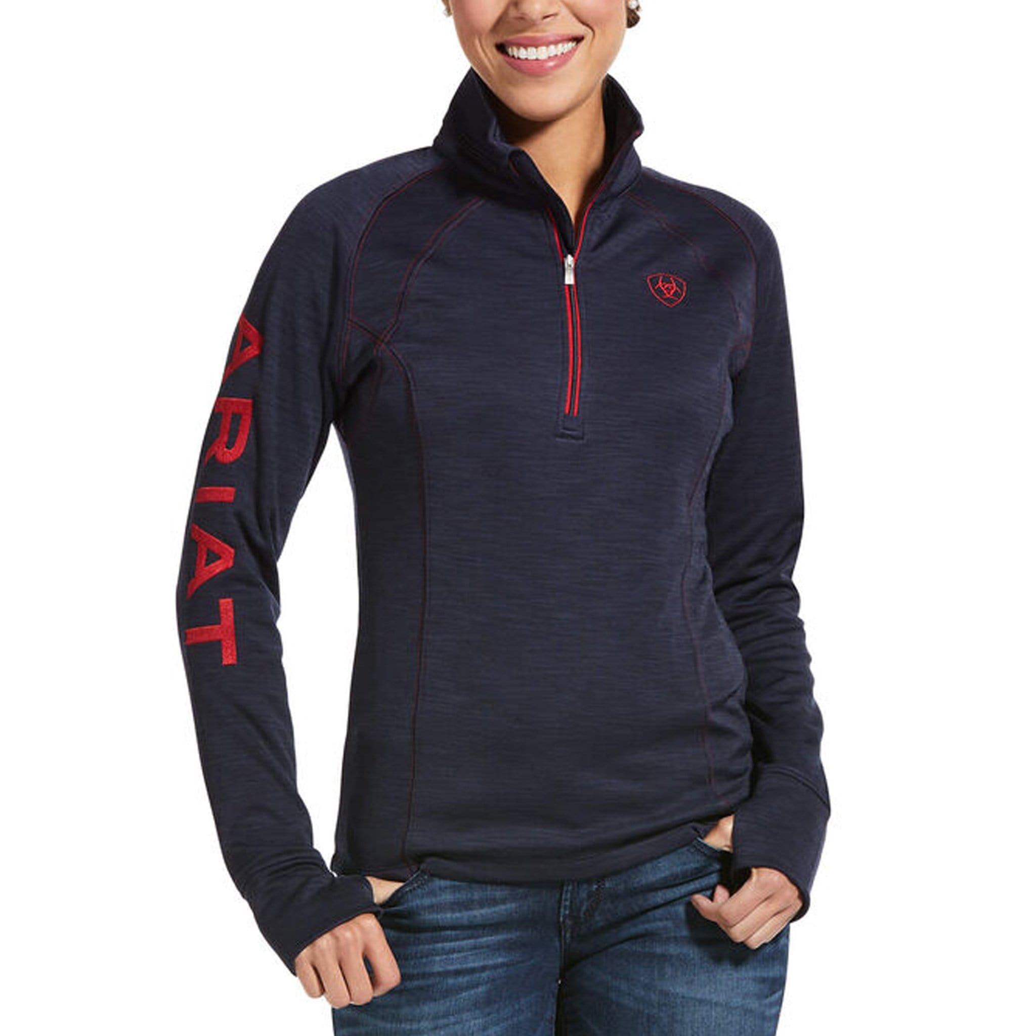 Ariat Tek Team Half Zip Sweatshirt 10032709 Navy Heather On Model Front View