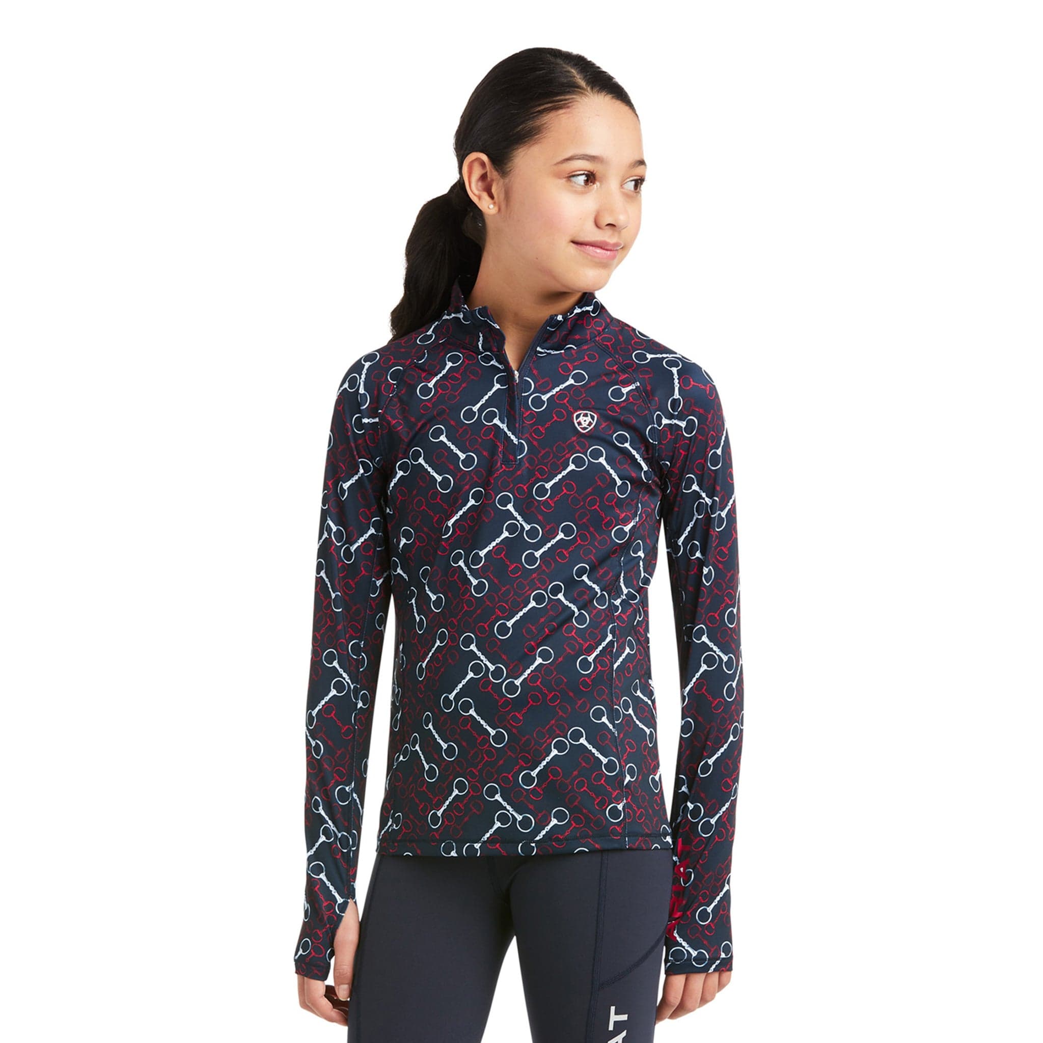 Ariat Youth Lowell 2.0 Quarter Zip Base Layer Team Print 10037460 Navy, Red and White Front On Model