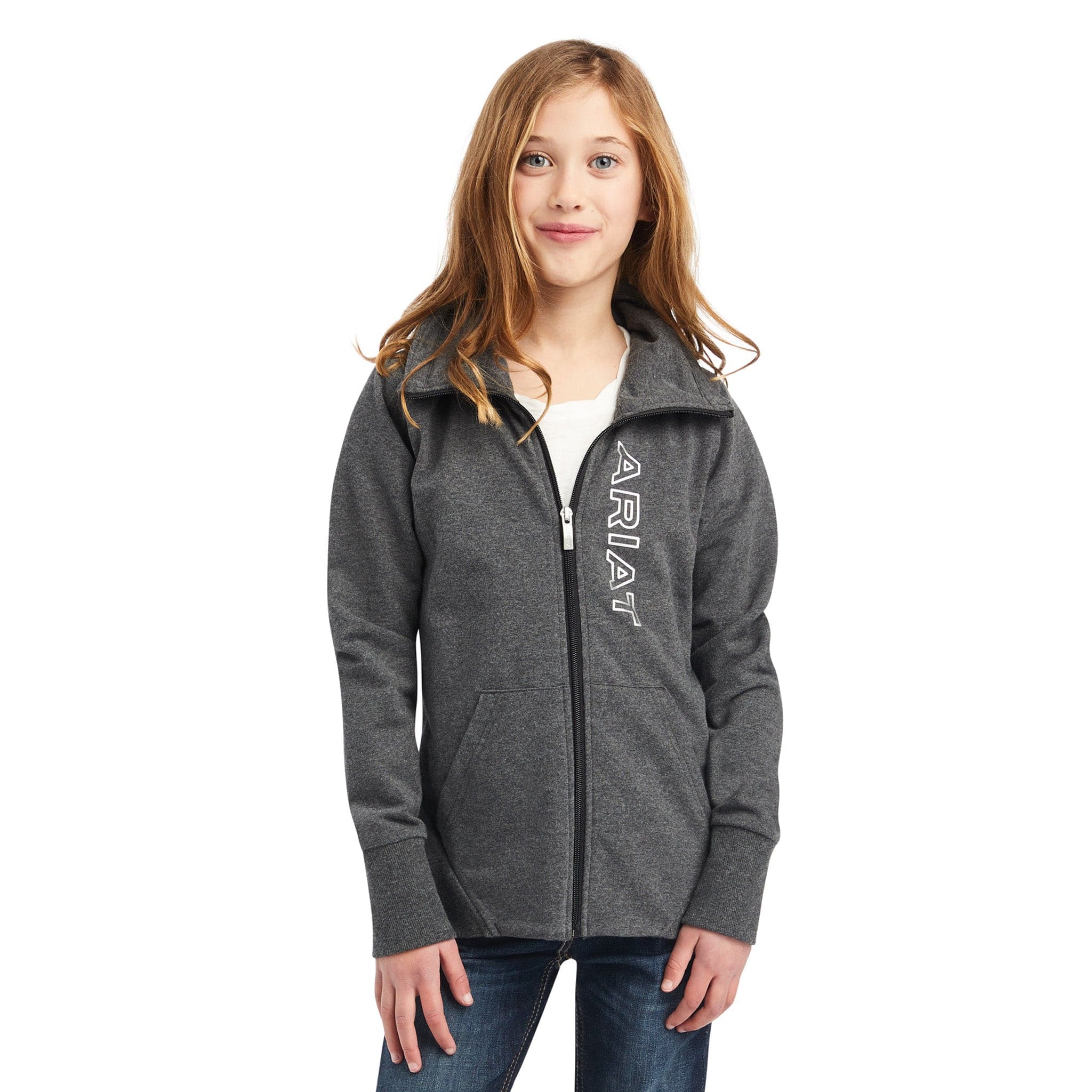 Ariat Youth Team Full Zip Sweatshirt Charcoal Grey 10041370 Front On Model