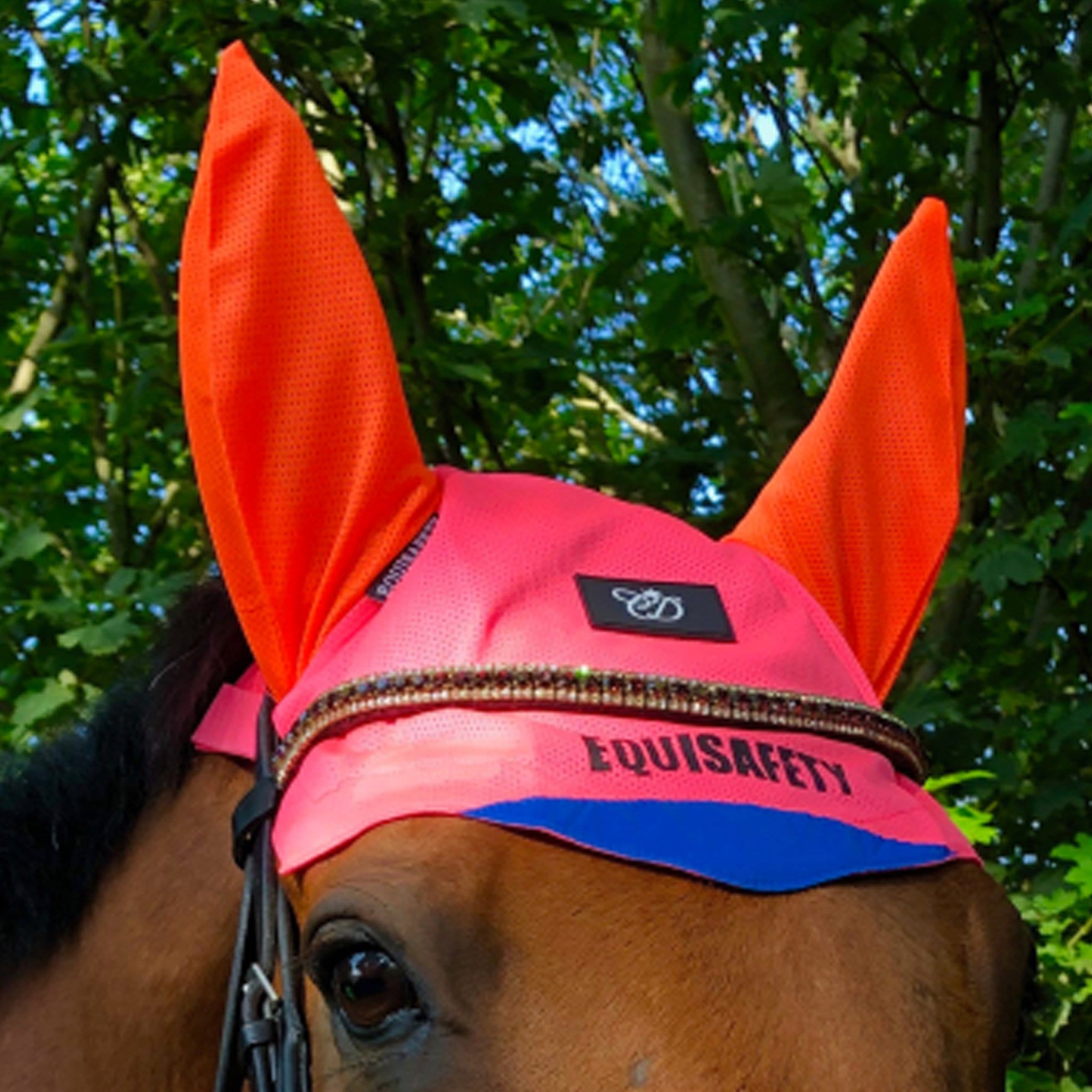 Equisafety Charlotte Dujardin Multi-Coloured Mesh Ear Bonnet CDME Pink and Orange